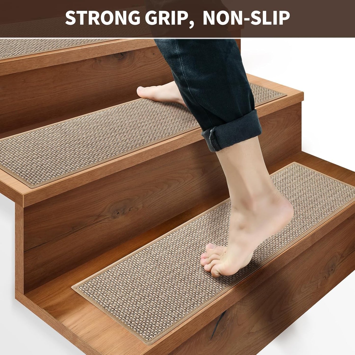 Linen Stair Treads for Wooden Steps Indoor 36x9 inch, 15pcs Upgraded Self Adhesive Backing Non Slip Stair Carpets, Peel and Stick Stair Runner Rugs, Reusable Staircase Step Treads(Beige)