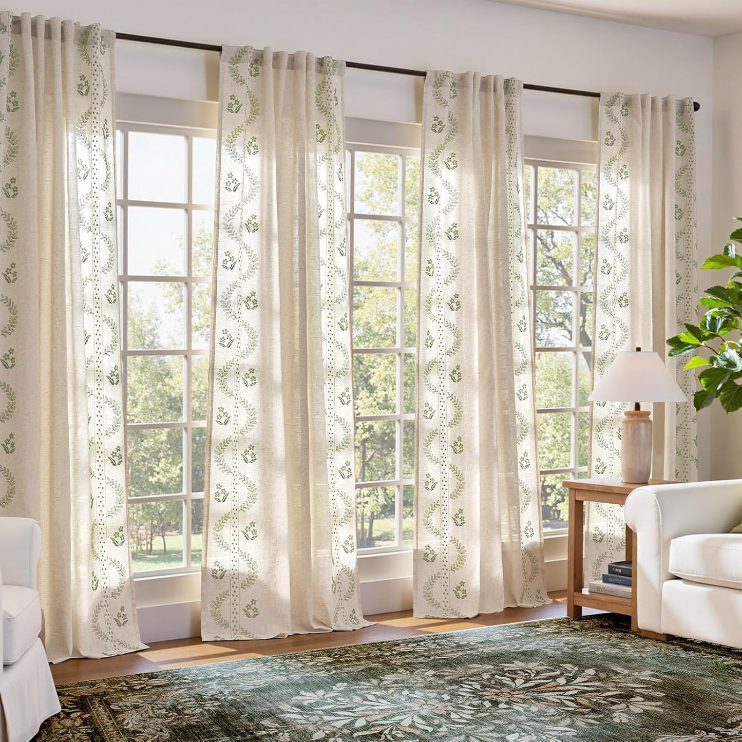 jinchan Belrose Linen Curtains for Bedroom Floral Curtains 84 Inch Length Linen Blend Beige Embroidered Drapes Farmhouse Flower Patterned Drapes for Living Room Window Treatments Set 2 Panels