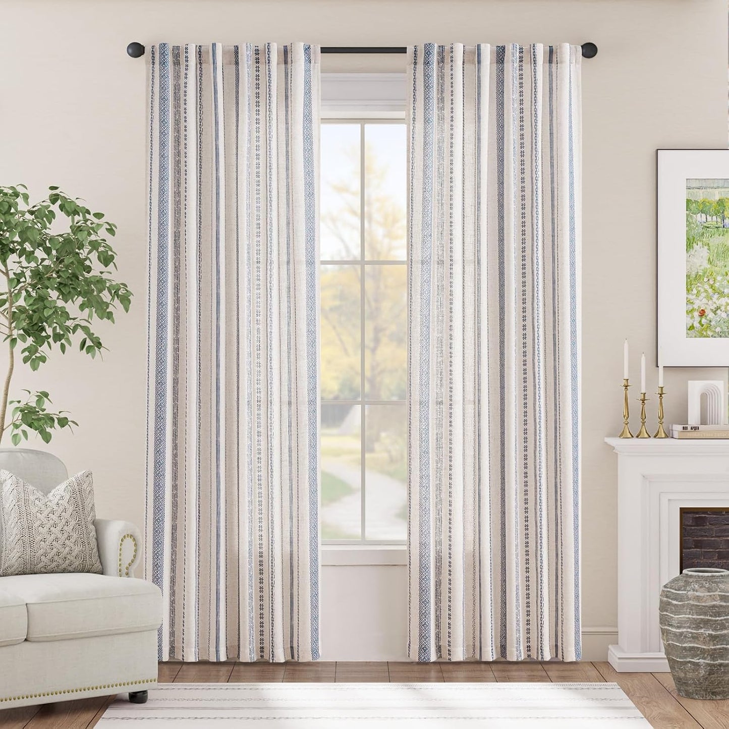 jinchan Linen Blend Boho Curtains for Living Room, 84 Inch Long Blue Printed on Beige Retro Farmhouse Bohemian Geometric Drapes, Light Filtering Back Tab Curtains 2 Panels