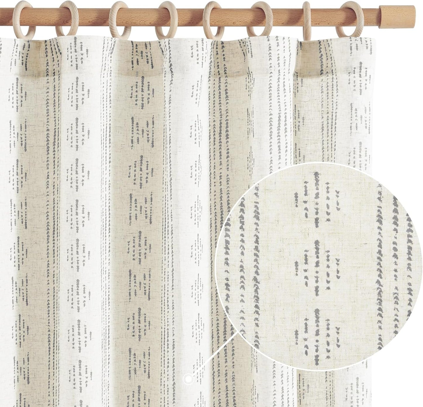 jinchan Linen Blend Boho Curtains for Living Room, 84 Inch Long Blue Printed on Beige Retro Farmhouse Bohemian Geometric Drapes, Light Filtering Back Tab Curtains 2 Panels