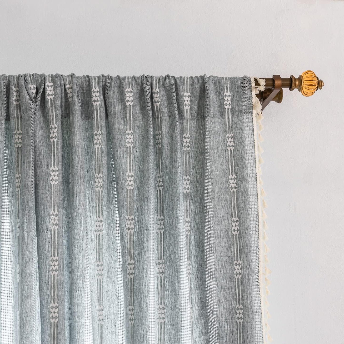 Linen Curtains 84 Inches Long - Embroidery Striped Farmhouse for Living Room, Tassel Boho for Bedroom, Light Filtering 2 Panels Set Rod Pocket Drapes (52" W x 84" L, Khaki)