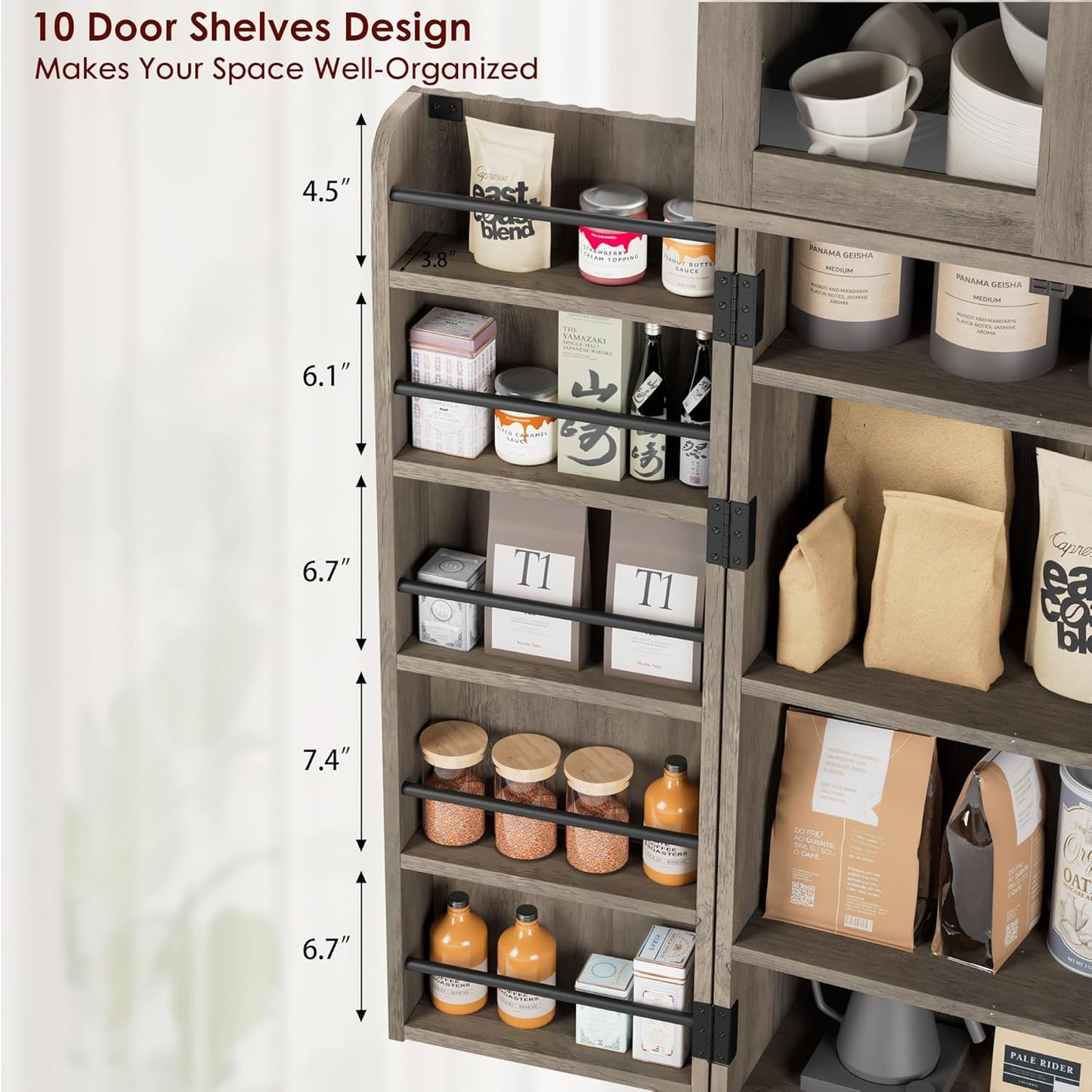 QUW 63.4" Kitchen Pantry Storage Cabinet, Tall Pantry with Glass Doors and Adjustable Shelves, Modern Freestanding Floor Cabinet Cupboard for Kitchen, Living Room, Dining Room, Grey