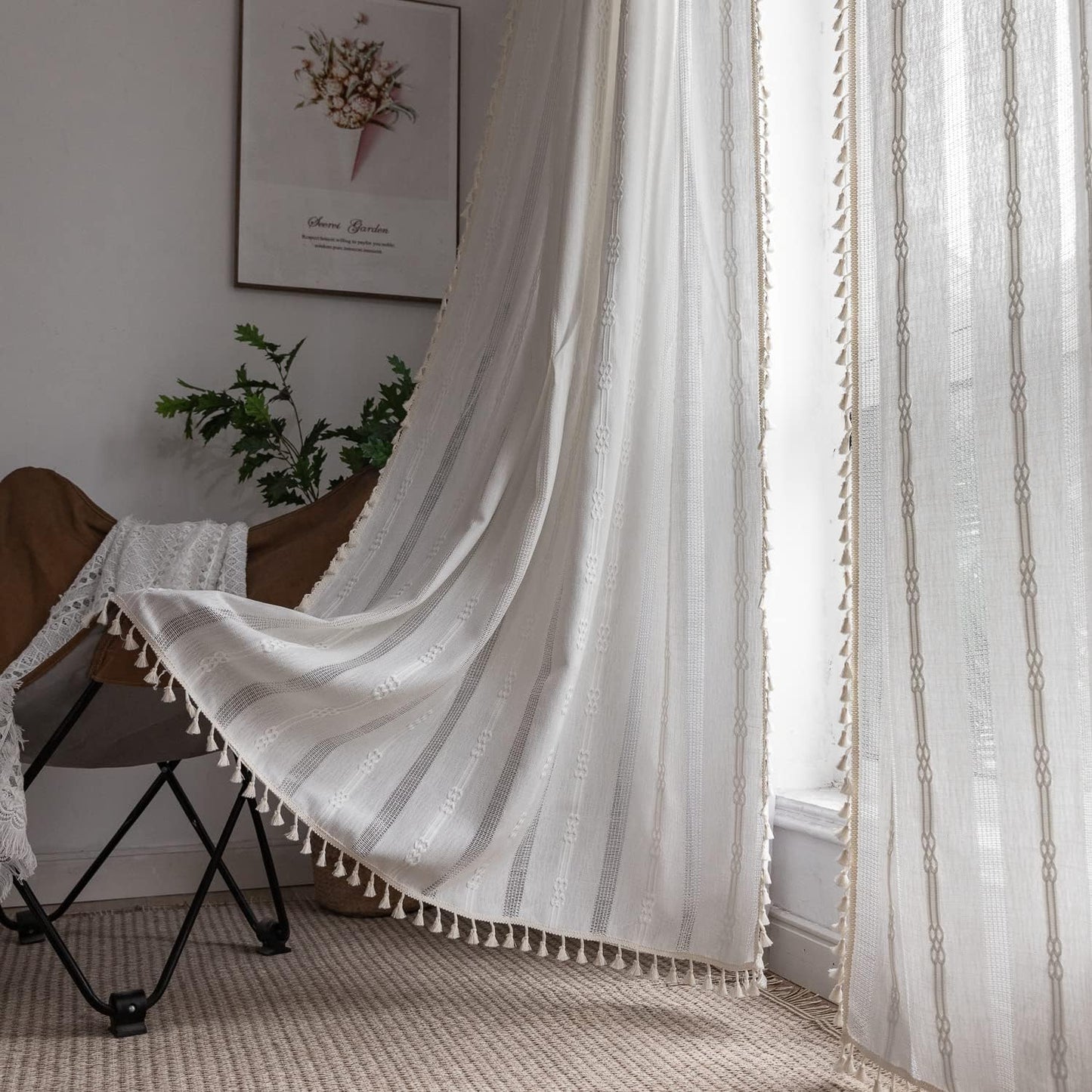 Linen Curtains 84 Inches Long - Embroidery Striped Farmhouse for Living Room, Tassel Boho for Bedroom, Light Filtering 2 Panels Set Rod Pocket Drapes (52" W x 84" L, Khaki)