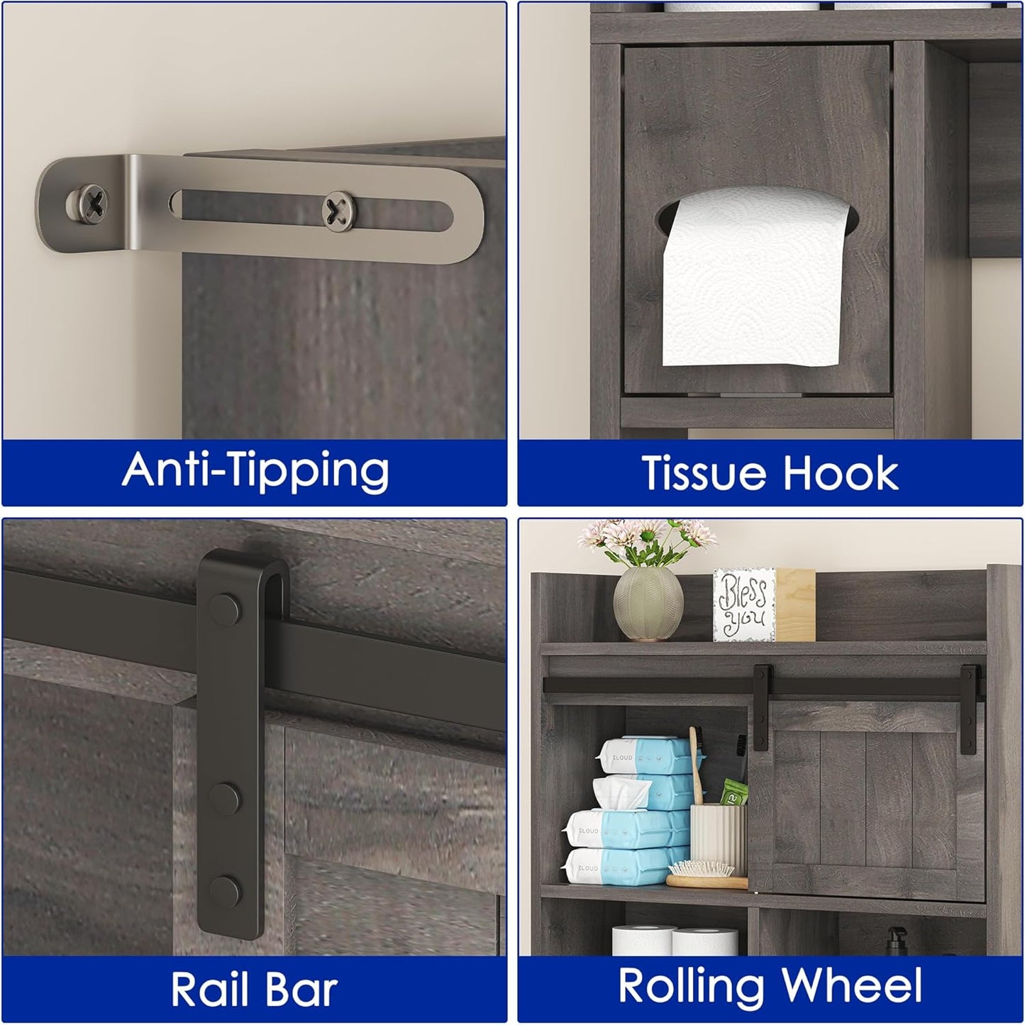 Over-The-Toilet Storage Cabinet with Sliding Door & Toilet Paper Holder Stand, Bathroom Organizer with Side Storage for Restroom, Dark Grey