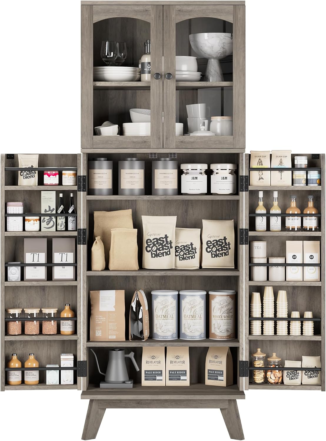 QUW 63.4" Kitchen Pantry Storage Cabinet, Tall Pantry with Glass Doors and Adjustable Shelves, Modern Freestanding Floor Cabinet Cupboard for Kitchen, Living Room, Dining Room, Grey