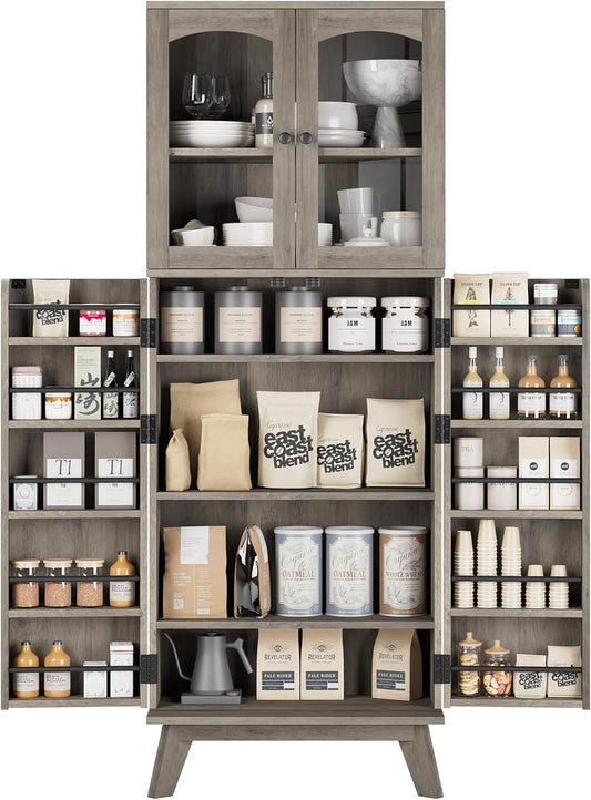QUW 63.4" Kitchen Pantry Storage Cabinet, Tall Pantry with Glass Doors and Adjustable Shelves, Modern Freestanding Floor Cabinet Cupboard for Kitchen, Living Room, Dining Room, Grey