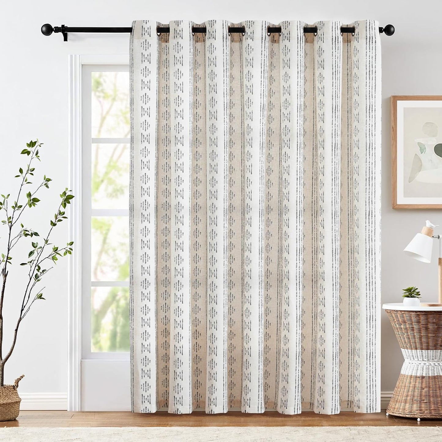 jinchan Linen Blend Boho Curtains for Living Room, 84 Inch Long Blue Printed on Beige Retro Farmhouse Bohemian Geometric Drapes, Light Filtering Back Tab Curtains 2 Panels