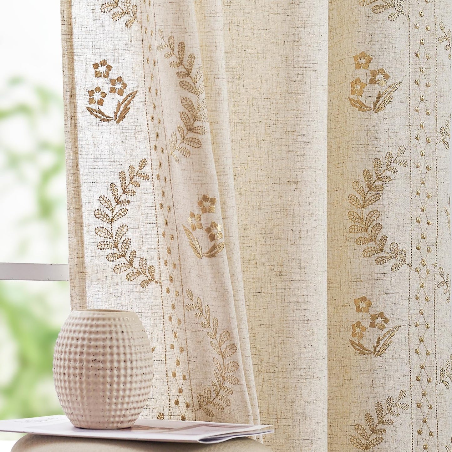 jinchan Belrose Linen Curtains for Bedroom Floral Curtains 84 Inch Length Linen Blend Beige Embroidered Drapes Farmhouse Flower Patterned Drapes for Living Room Window Treatments Set 2 Panels