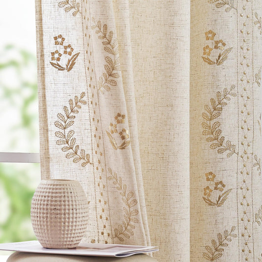 jinchan Belrose Linen Curtains for Bedroom Floral Curtains 84 Inch Length Linen Blend Beige Embroidered Drapes Farmhouse Flower Patterned Drapes for Living Room Window Treatments Set 2 Panels