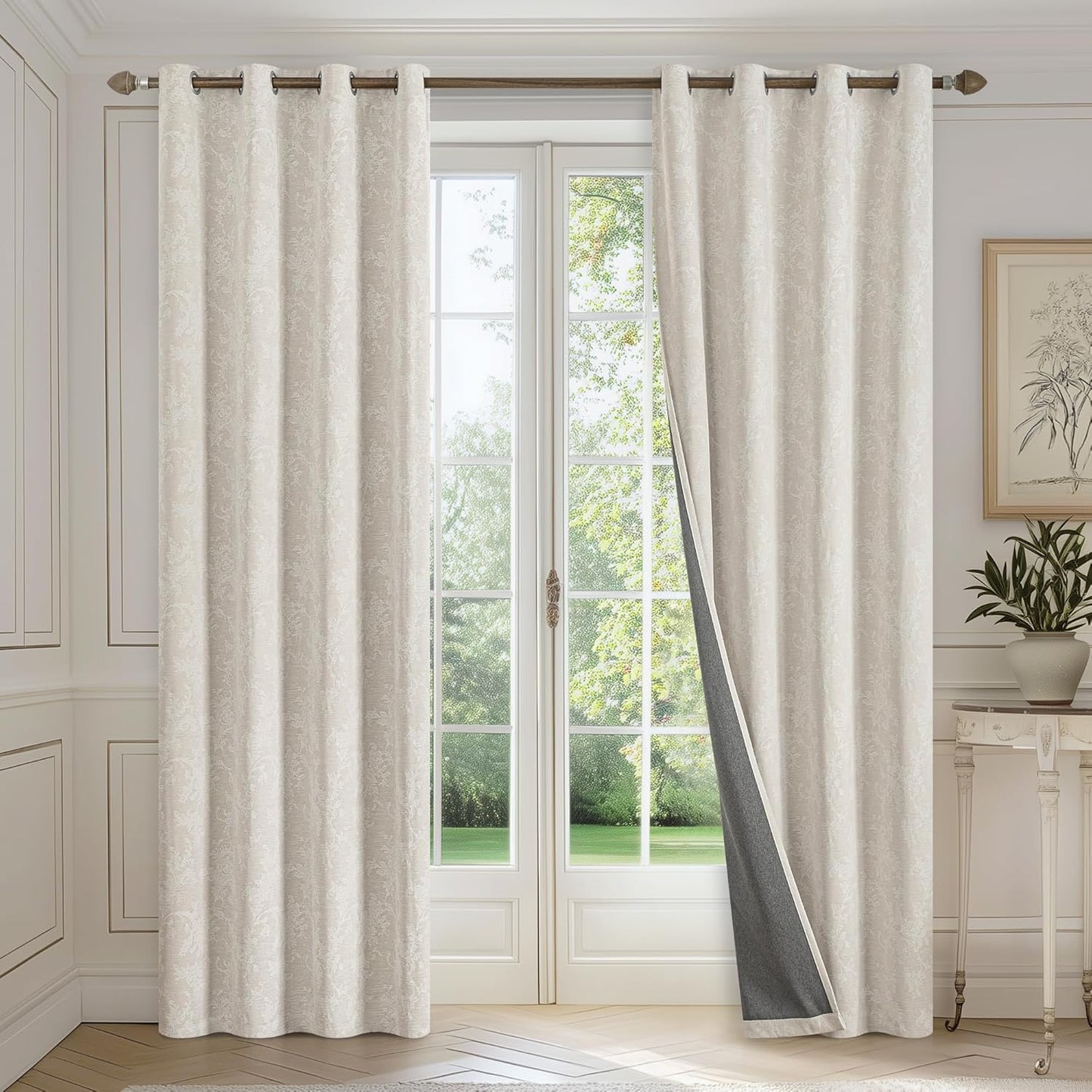 FMFUNCTEX Beige Floral Jacquard Blackout Curtains 96 Inches Long for Bedroom, Scroll Flower Chenille Farmhouse Curtains for Living Room Darkening Thermal Insulated Grommet Window Drapes 2 Panels