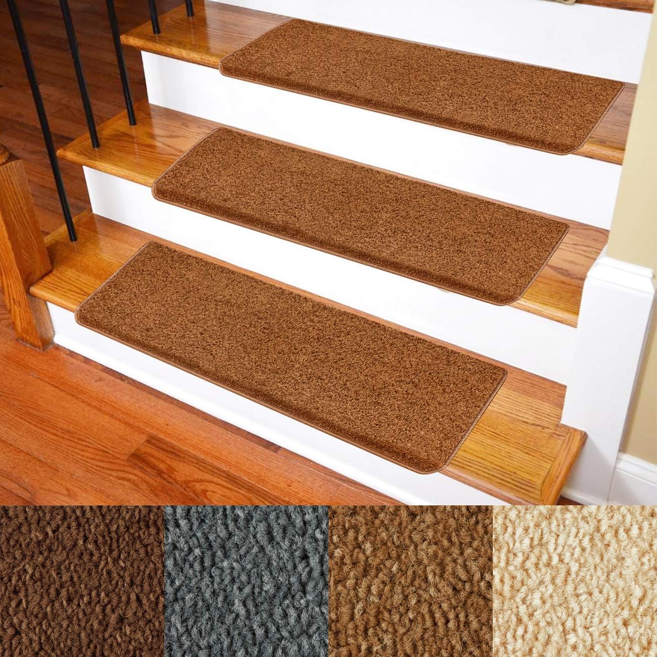 Carpet Stair Treads – Non-Slip Bullnose Carpet for Stairs – Indoor Stair Pads – Self-Adhesive – Skid Resistant & Washable – 14- Pack Black 9.5" x 30"x 1.3"