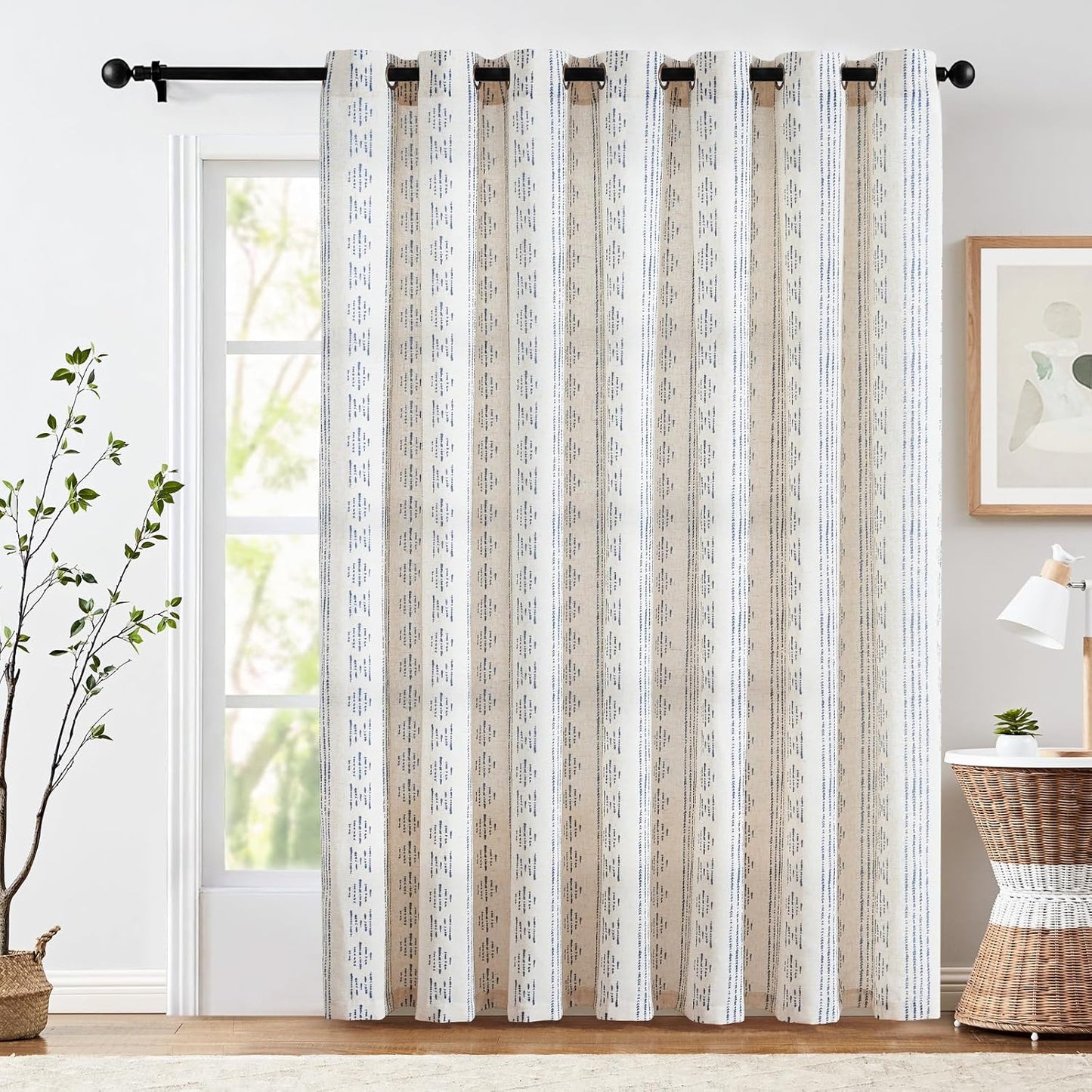 jinchan Linen Blend Boho Curtains for Living Room, 84 Inch Long Blue Printed on Beige Retro Farmhouse Bohemian Geometric Drapes, Light Filtering Back Tab Curtains 2 Panels