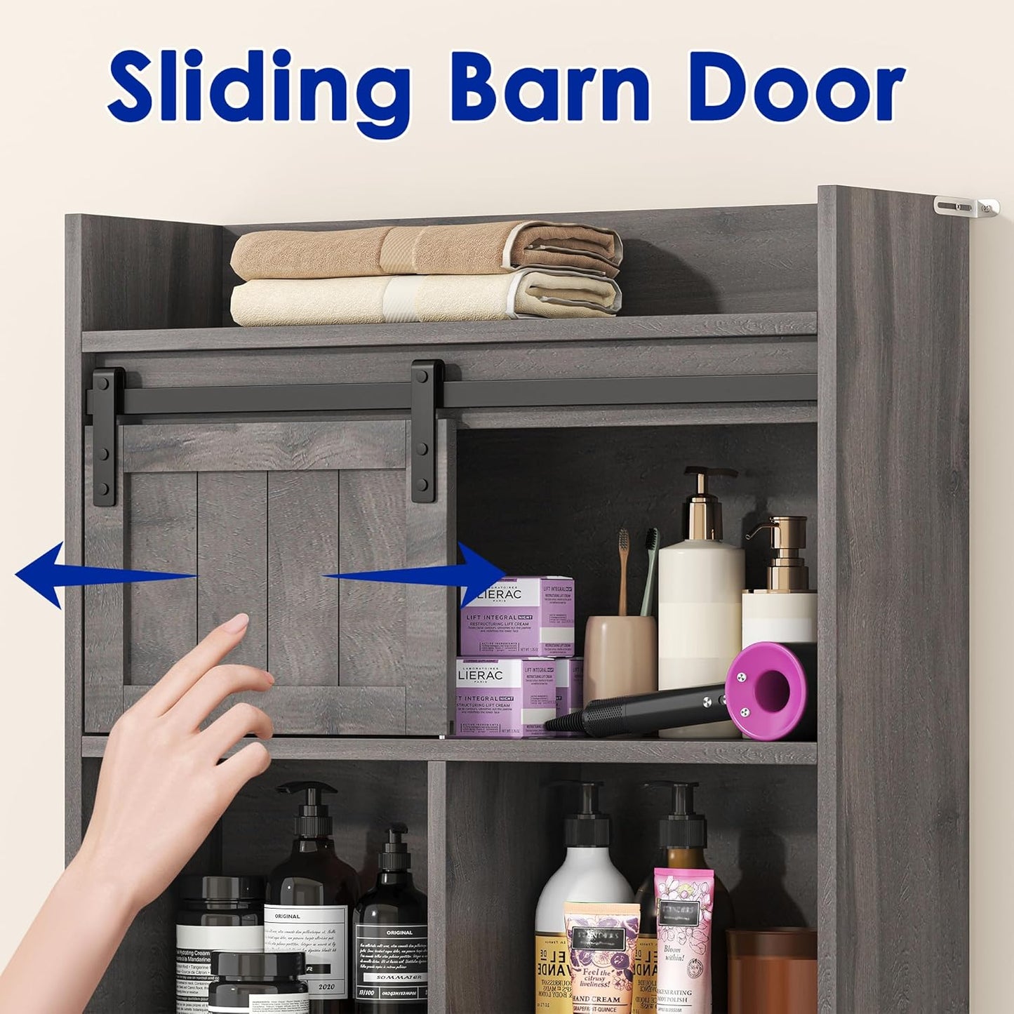 Over-The-Toilet Storage Cabinet with Sliding Door & Toilet Paper Holder Stand, Bathroom Organizer with Side Storage for Restroom, Dark Grey