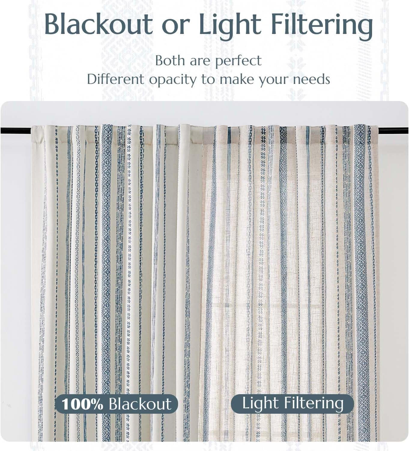 jinchan Linen Blend Boho Curtains for Living Room, 84 Inch Long Blue Printed on Beige Retro Farmhouse Bohemian Geometric Drapes, Light Filtering Back Tab Curtains 2 Panels