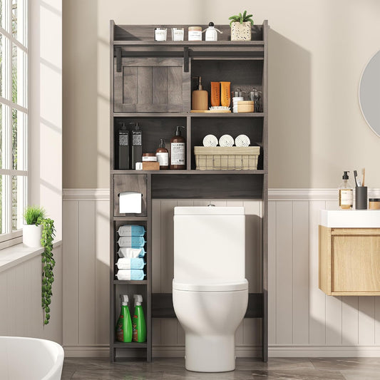 Over-The-Toilet Storage Cabinet with Sliding Door & Toilet Paper Holder Stand, Bathroom Organizer with Side Storage for Restroom, Dark Grey