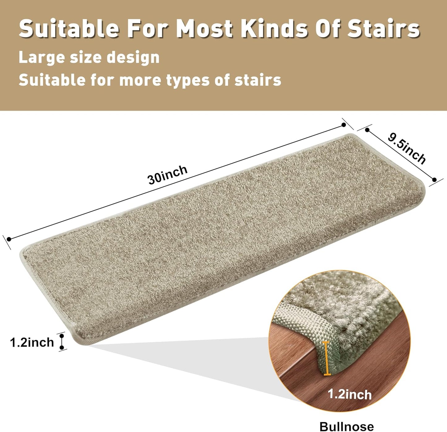PURE ERA Bullnose Carpet Stair Treads Set Tape Free Non-Slip Indoor Stair Protectors Pet Friendly Rugs Covers Soft Skid Resistant Washable Reusable 9.5" x 30"(14 Pieces,Cream Gray)