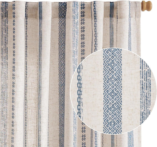 jinchan Linen Blend Boho Curtains for Living Room, 84 Inch Long Blue Printed on Beige Retro Farmhouse Bohemian Geometric Drapes, Light Filtering Back Tab Curtains 2 Panels