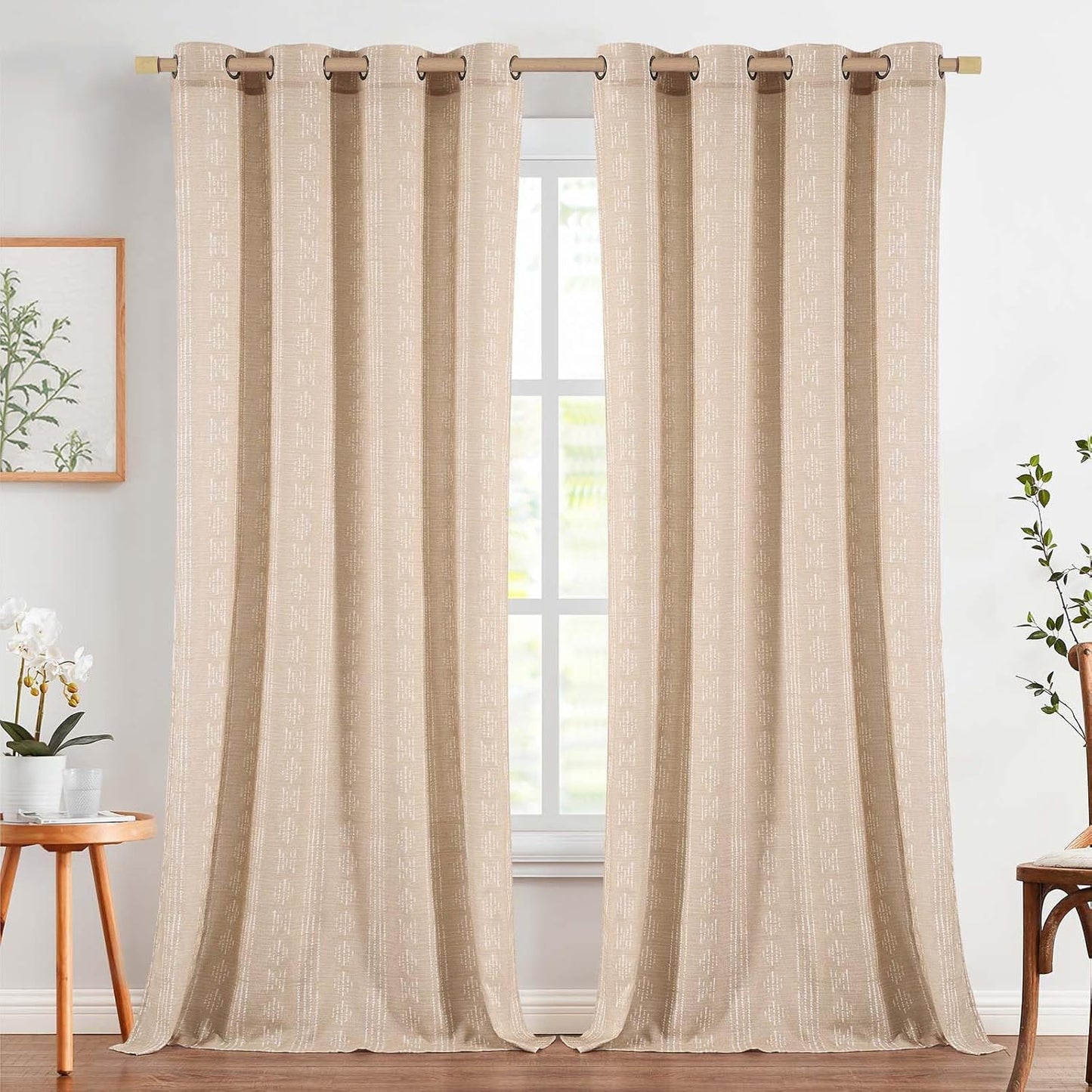 jinchan Linen Blend Boho Curtains for Living Room, 84 Inch Long Blue Printed on Beige Retro Farmhouse Bohemian Geometric Drapes, Light Filtering Back Tab Curtains 2 Panels