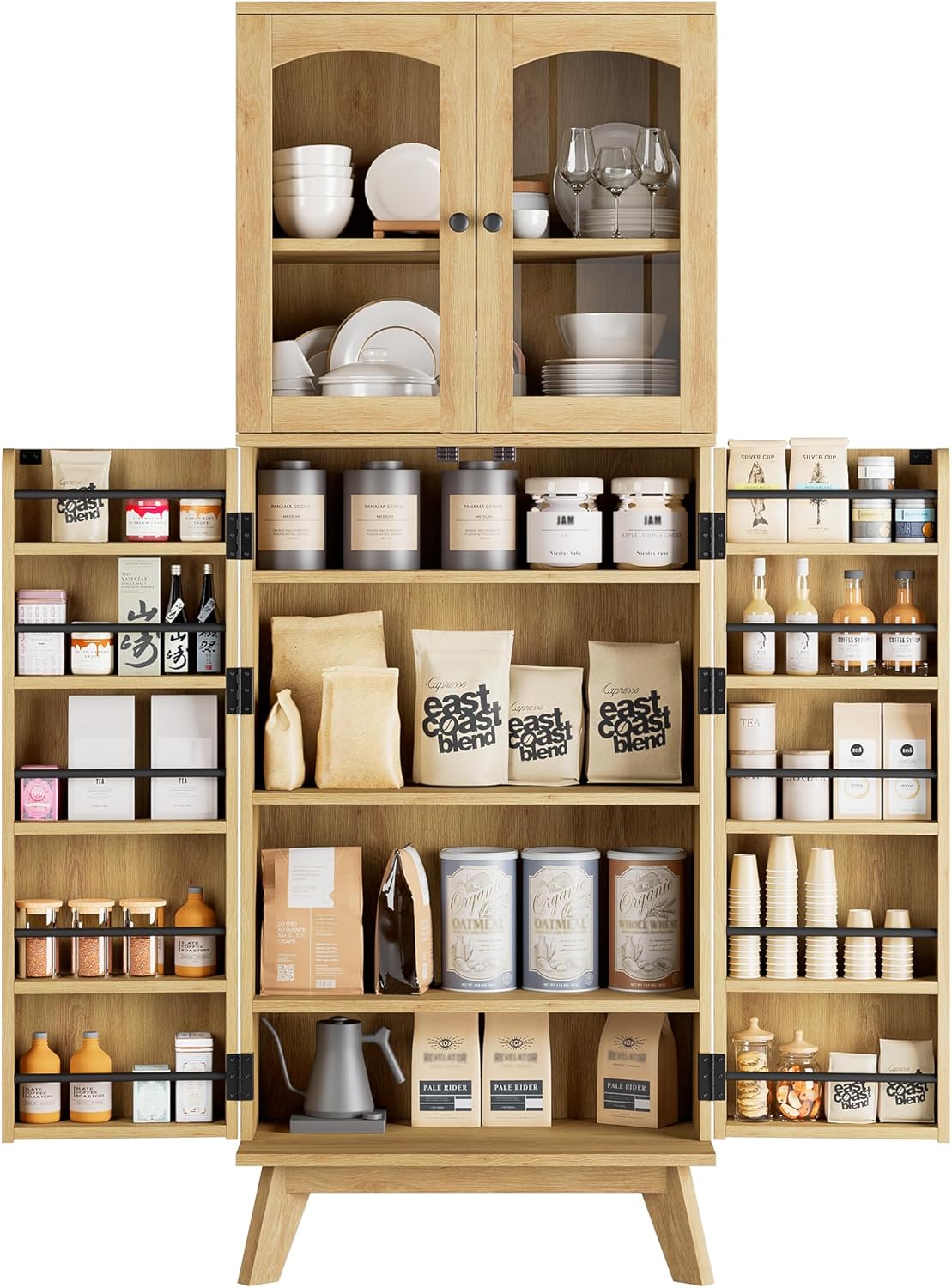 QUW 63.4" Kitchen Pantry Storage Cabinet, Tall Pantry with Glass Doors and Adjustable Shelves, Modern Freestanding Floor Cabinet Cupboard for Kitchen, Living Room, Dining Room, Grey