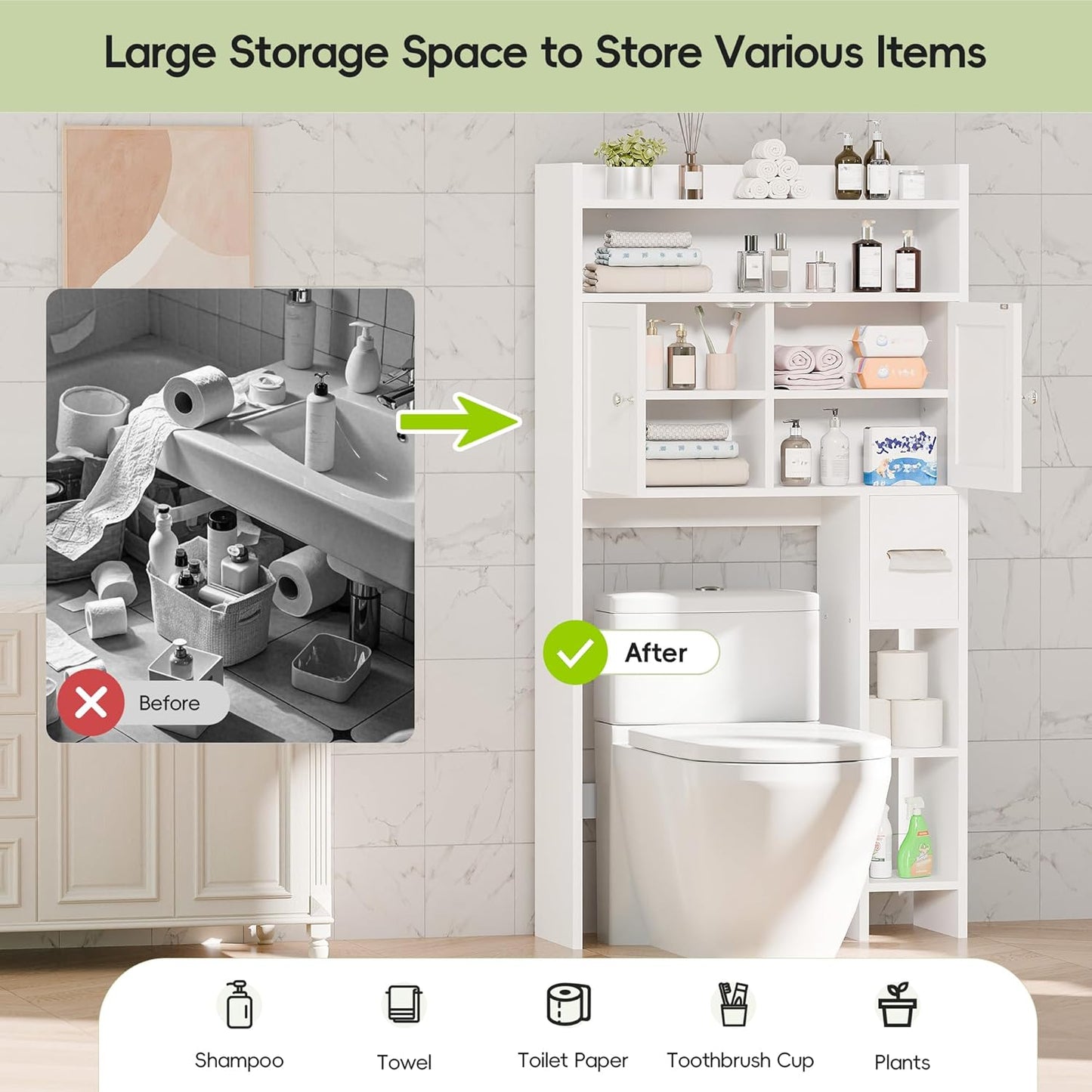 MU Over The Toilet Storage Cabinet with Doors, 32" Bathroom Storage Organizer with Side Shelves, Space-Saving Toilet Storage Rack for Bathroom, Laundry (White)