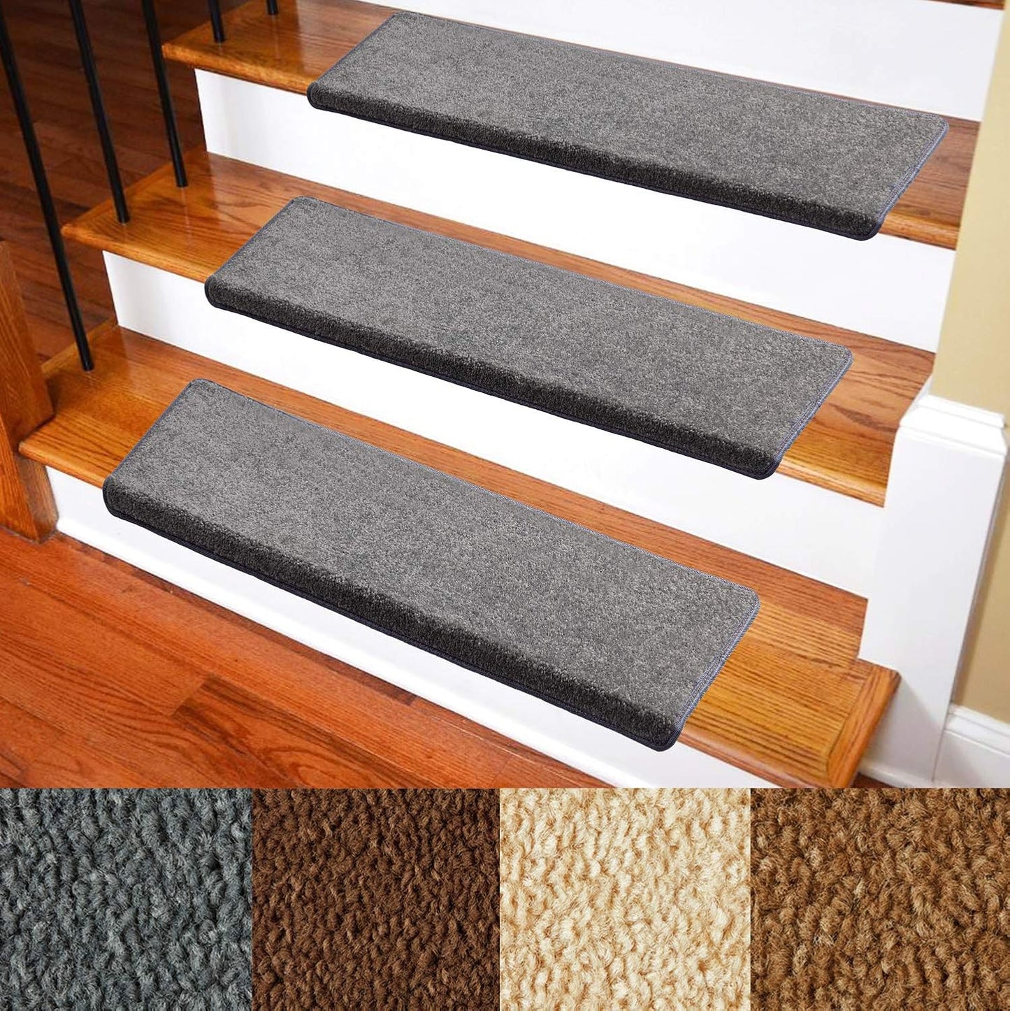 Carpet Stair Treads – Non-Slip Bullnose Carpet for Stairs – Indoor Stair Pads – Self-Adhesive – Skid Resistant & Washable – 14- Pack Black 9.5" x 30"x 1.3"