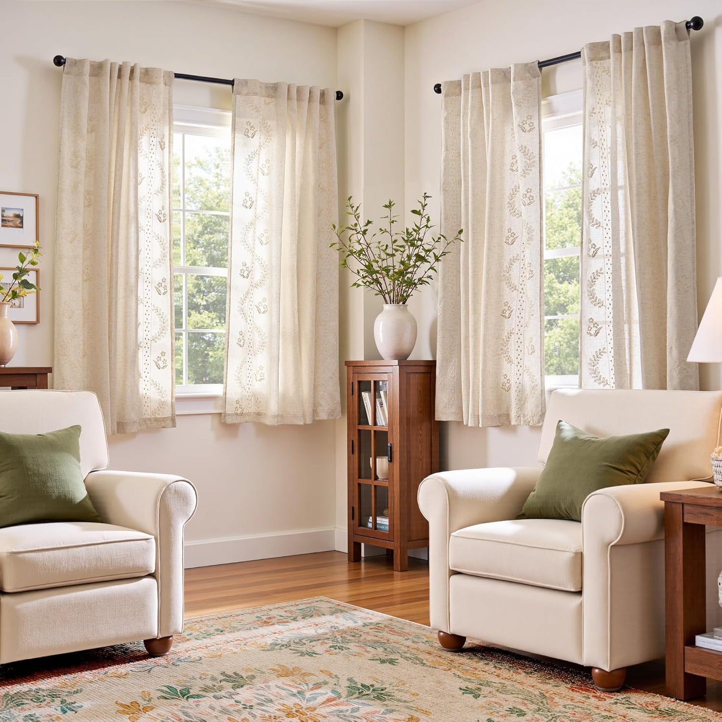 jinchan Belrose Linen Curtains for Bedroom Floral Curtains 84 Inch Length Linen Blend Beige Embroidered Drapes Farmhouse Flower Patterned Drapes for Living Room Window Treatments Set 2 Panels