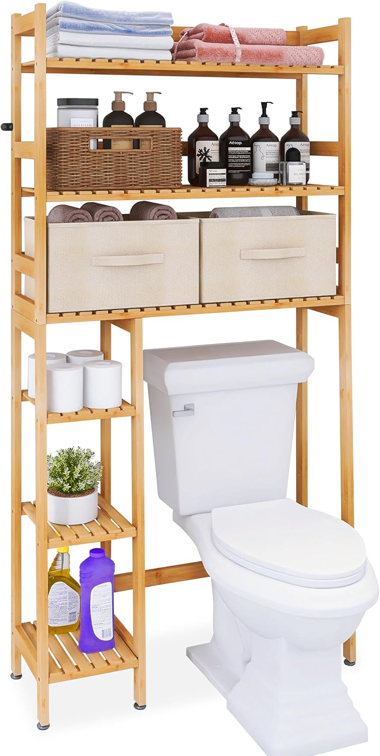SMIBUY Over-The-Toilet Storage Rack, 6-Tier Bamboo Large Bathroom Organizer with Side Shelves and 2 Drawers, Stable Freestanding Space Saver for Bathroom, Laundry Room(Black)