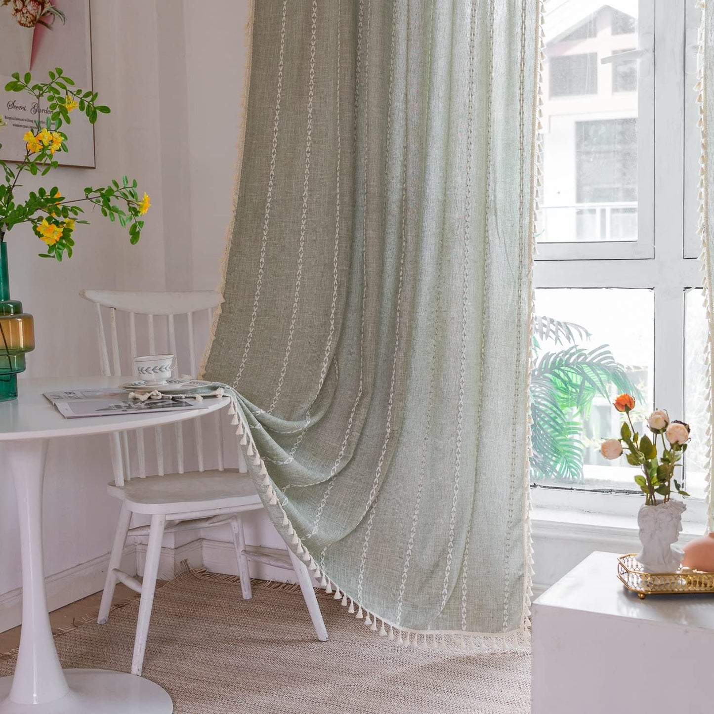 Linen Curtains 84 Inches Long - Embroidery Striped Farmhouse for Living Room, Tassel Boho for Bedroom, Light Filtering 2 Panels Set Rod Pocket Drapes (52" W x 84" L, Khaki)