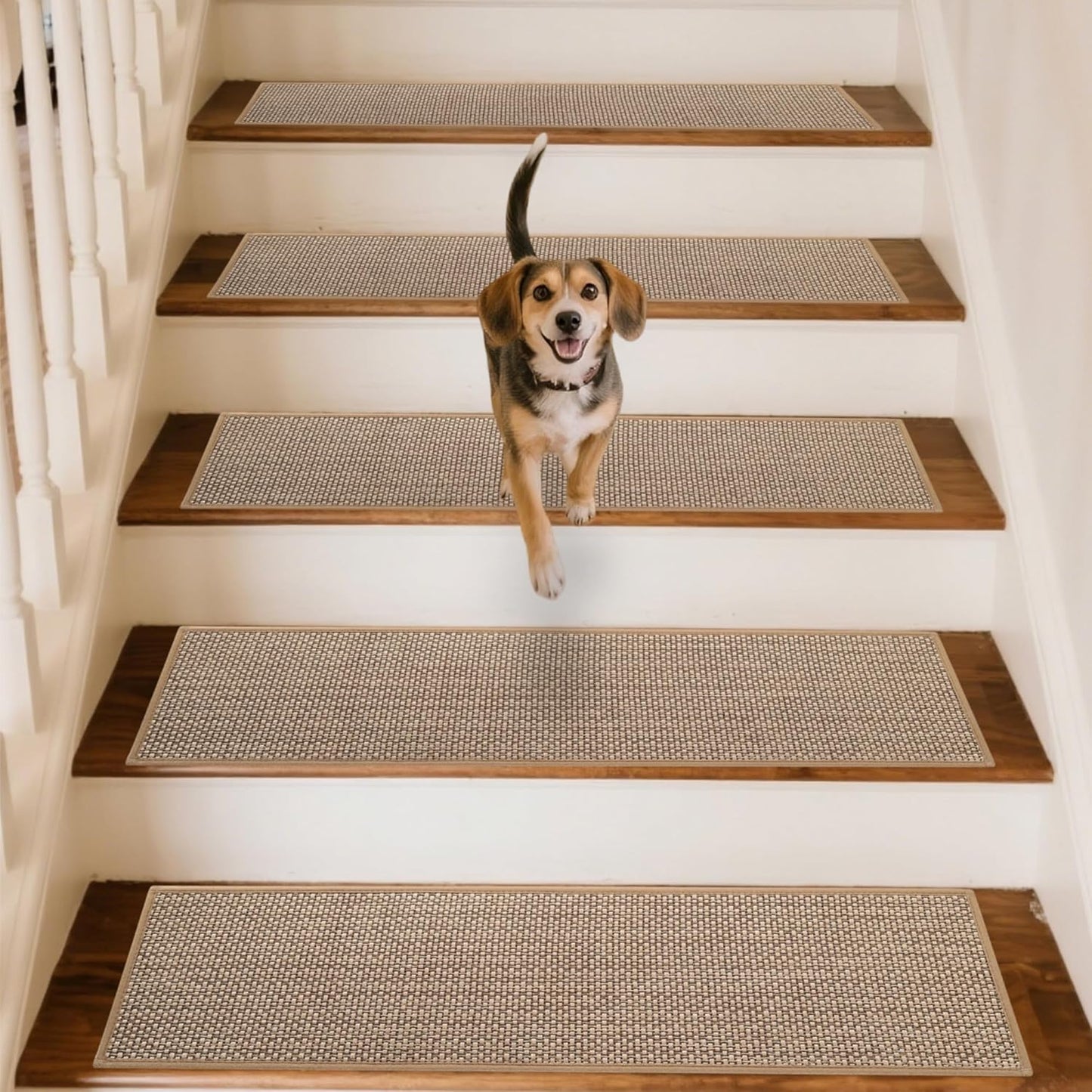 Linen Stair Treads for Wooden Steps Indoor 36x9 inch, 15pcs Upgraded Self Adhesive Backing Non Slip Stair Carpets, Peel and Stick Stair Runner Rugs, Reusable Staircase Step Treads(Beige)