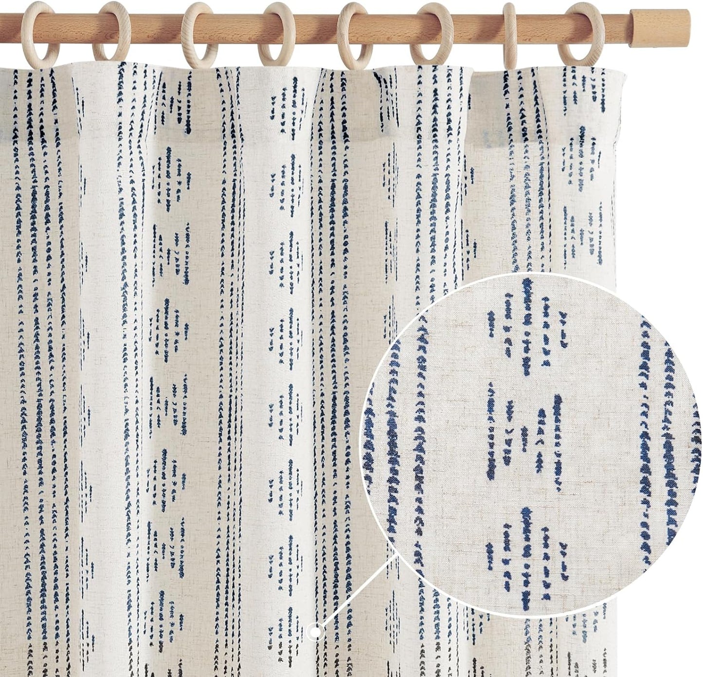 jinchan Linen Blend Boho Curtains for Living Room, 84 Inch Long Blue Printed on Beige Retro Farmhouse Bohemian Geometric Drapes, Light Filtering Back Tab Curtains 2 Panels