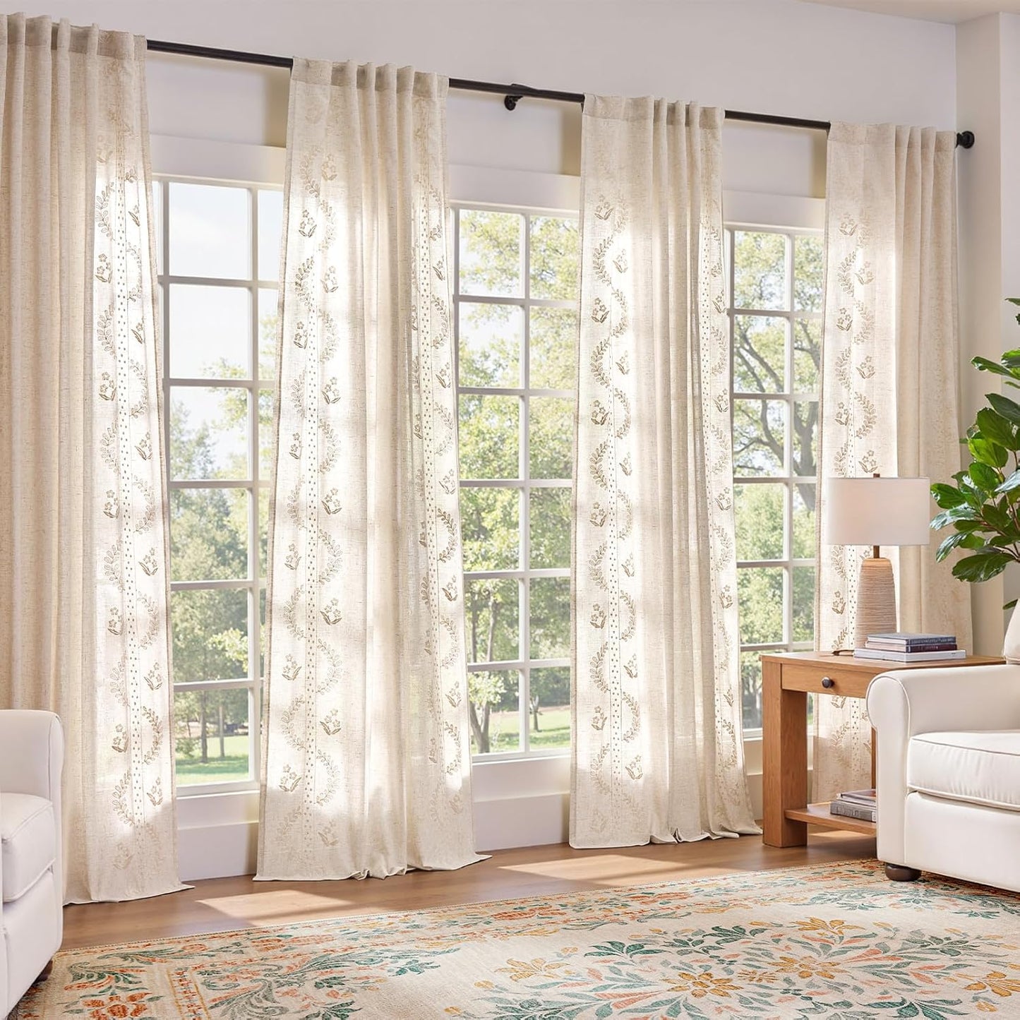 jinchan Belrose Linen Curtains for Bedroom Floral Curtains 84 Inch Length Linen Blend Beige Embroidered Drapes Farmhouse Flower Patterned Drapes for Living Room Window Treatments Set 2 Panels