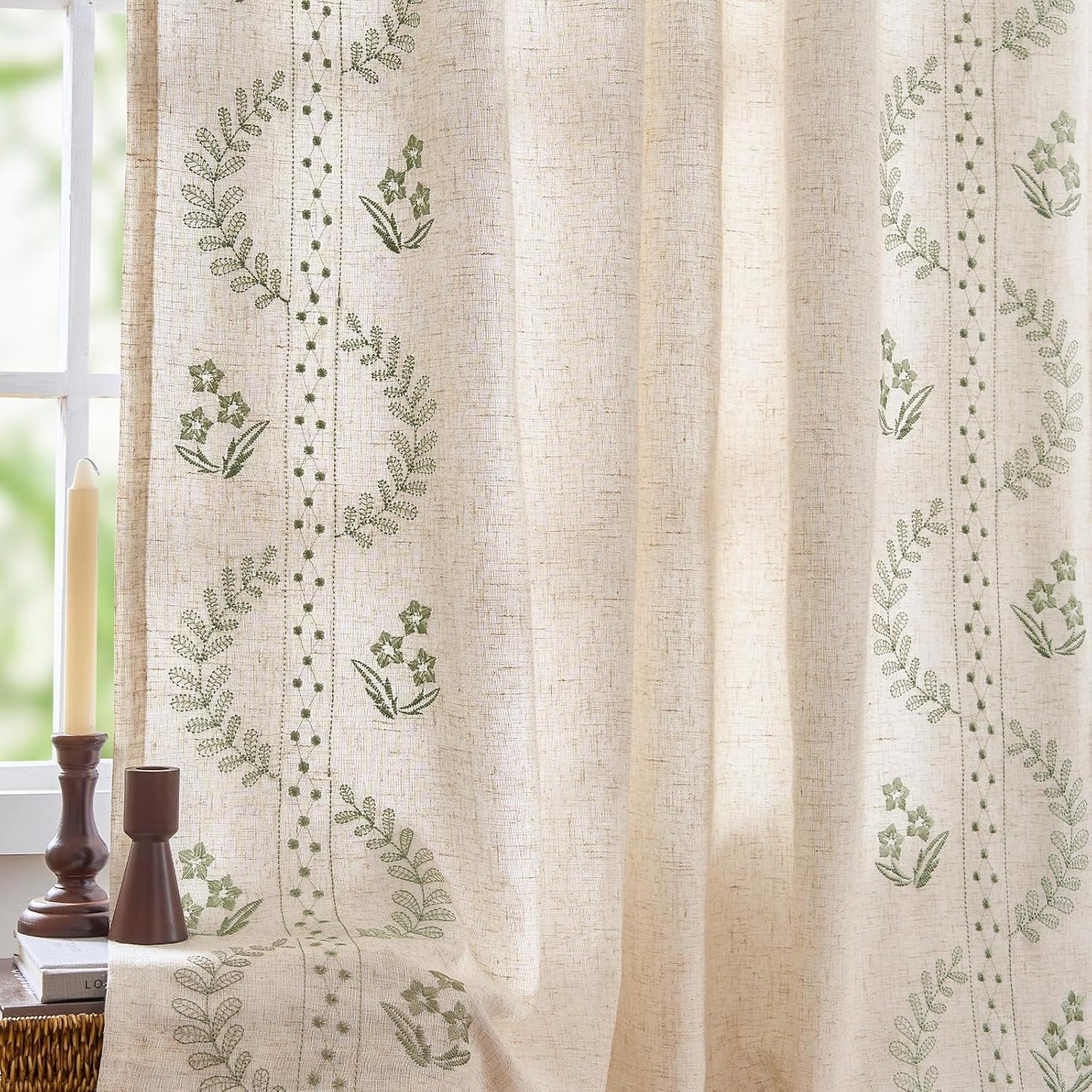 jinchan Belrose Linen Curtains for Bedroom Floral Curtains 84 Inch Length Linen Blend Beige Embroidered Drapes Farmhouse Flower Patterned Drapes for Living Room Window Treatments Set 2 Panels