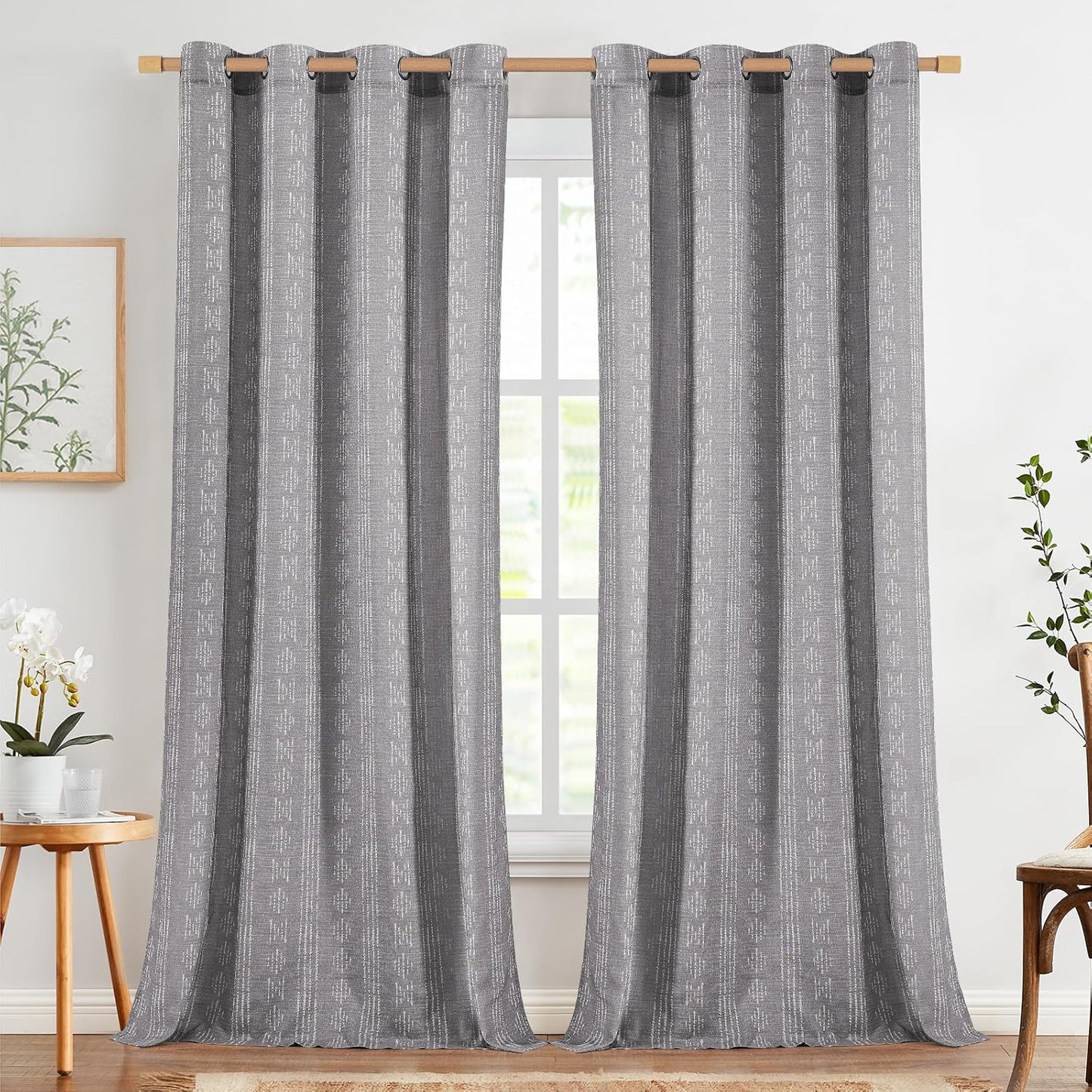 jinchan Linen Blend Boho Curtains for Living Room, 84 Inch Long Blue Printed on Beige Retro Farmhouse Bohemian Geometric Drapes, Light Filtering Back Tab Curtains 2 Panels
