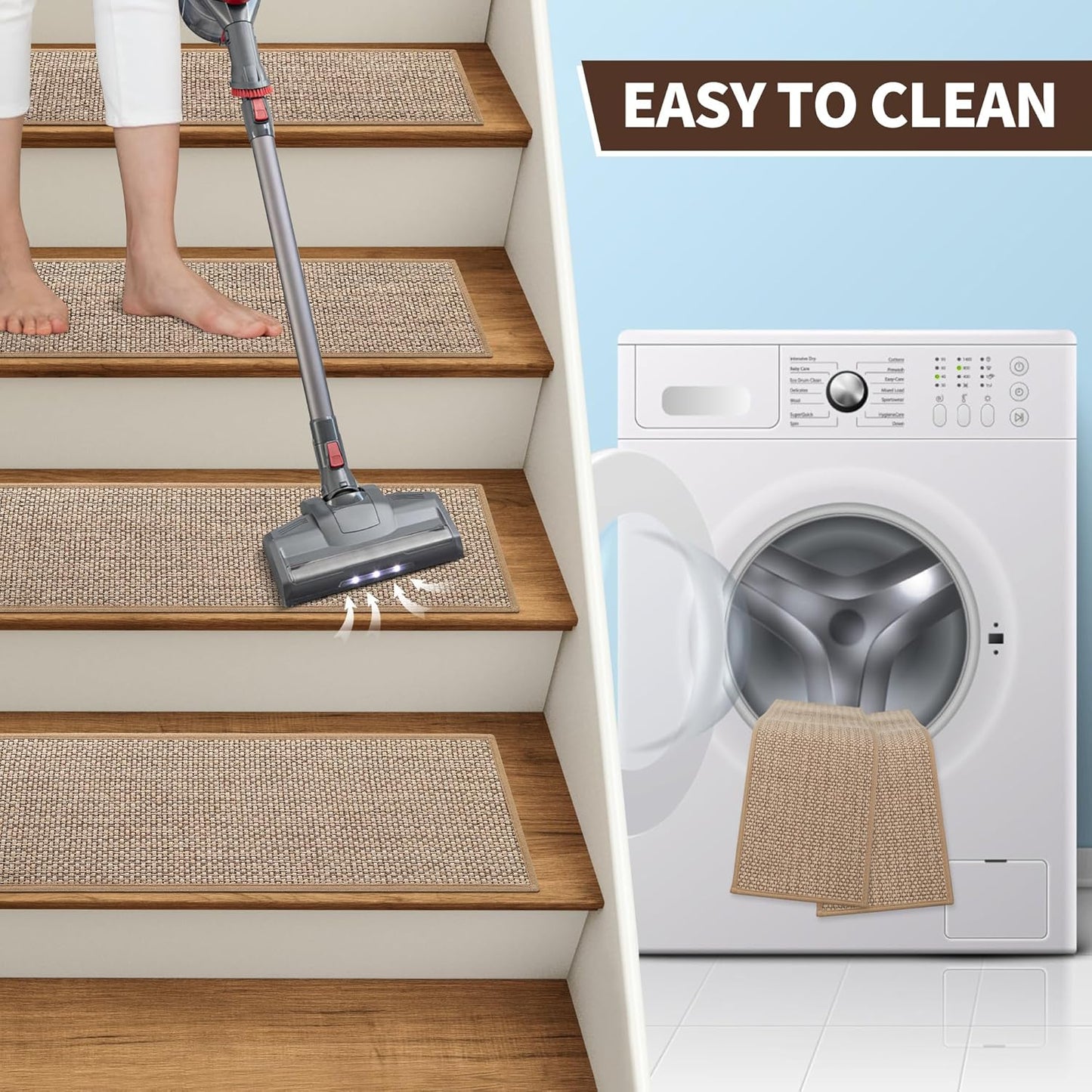 Linen Stair Treads for Wooden Steps Indoor 36x9 inch, 15pcs Upgraded Self Adhesive Backing Non Slip Stair Carpets, Peel and Stick Stair Runner Rugs, Reusable Staircase Step Treads(Beige)