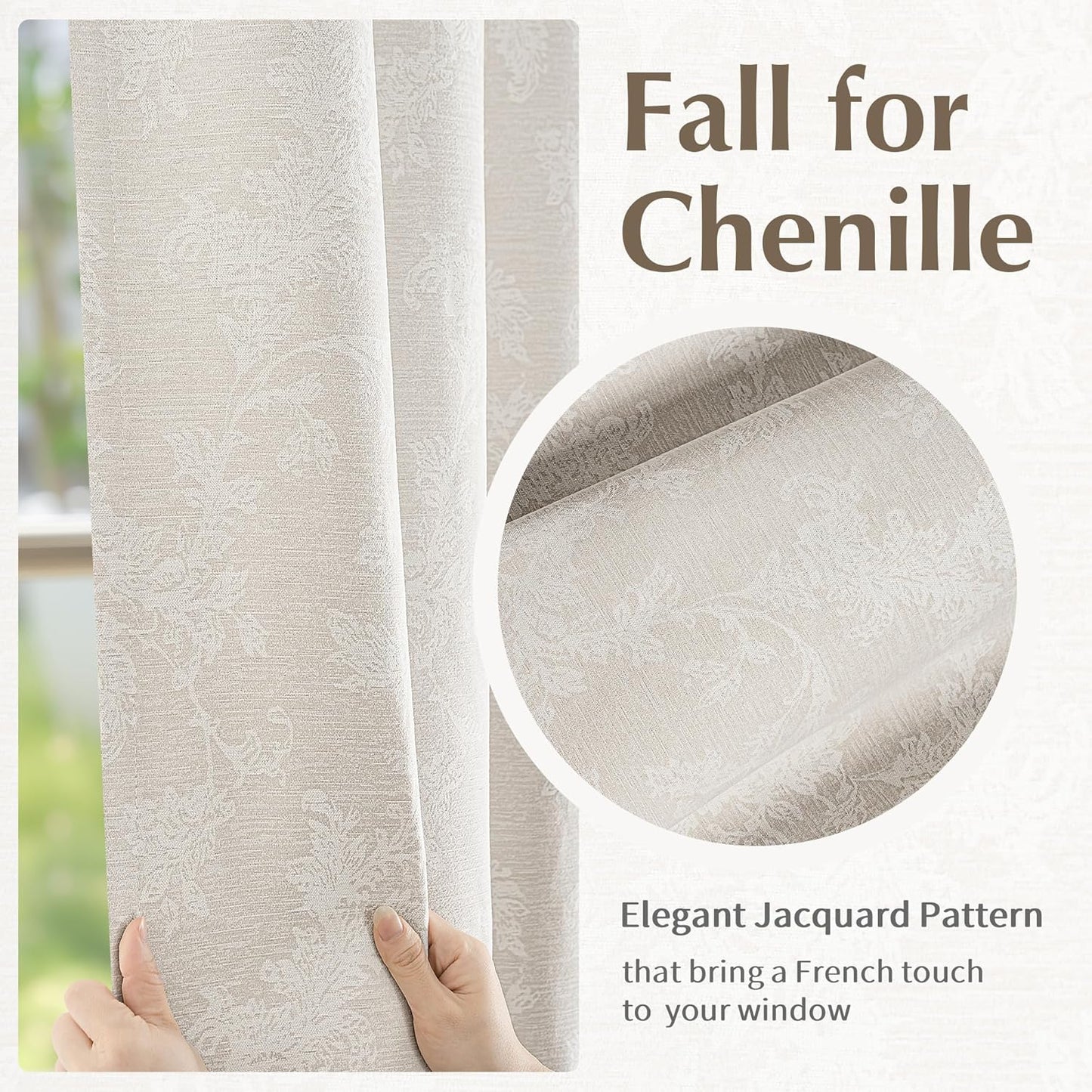 FMFUNCTEX Beige Floral Jacquard Blackout Curtains 96 Inches Long for Bedroom, Scroll Flower Chenille Farmhouse Curtains for Living Room Darkening Thermal Insulated Grommet Window Drapes 2 Panels