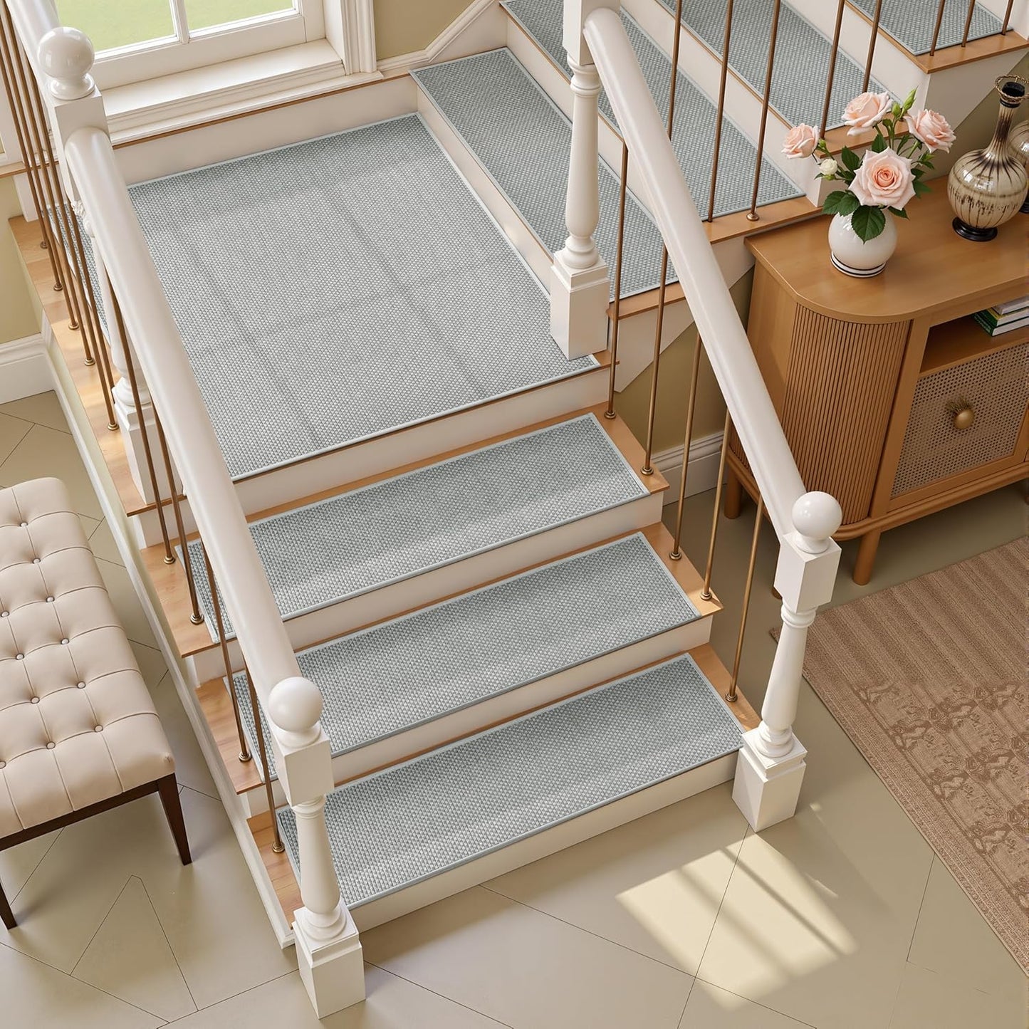 15pcs Stairs Treads and 1 Landing Carpet, Breathable Chenille Stair Carpet Non Slip for Wooden Steps Rubber Backing Stairs Runner Indoor Treads Stair Covers Mat 8"X30" and 30"X30"
