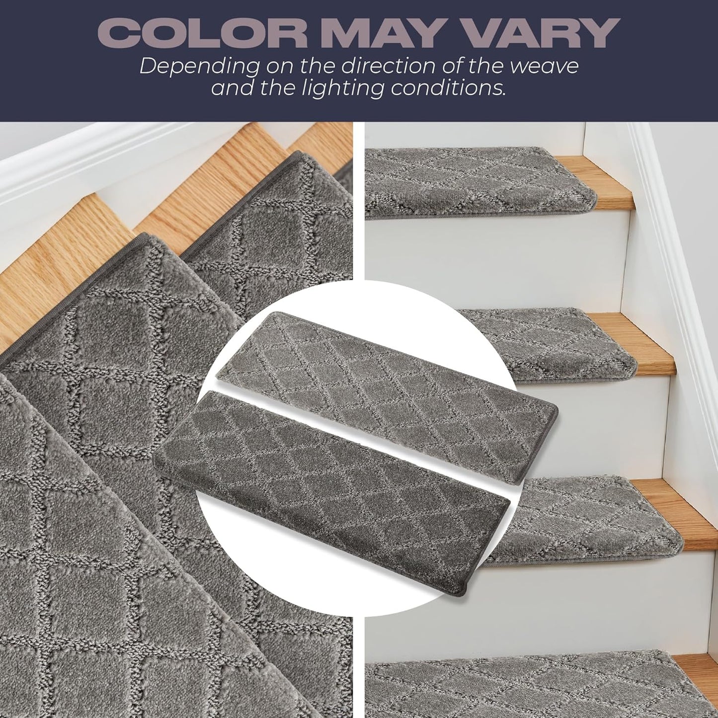 MBIGM Bullnose Non-Slip Stair Treads w/Reusable Adhesive - 14 Pack 9.5" x 30" Wooden Steps Protection - TPU Backing with Steel Reinforcement - Diamond Dark Grey Bullnose Carpet Stair Treads