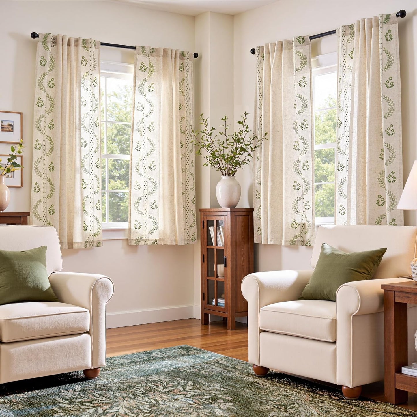 jinchan Belrose Linen Curtains for Bedroom Floral Curtains 84 Inch Length Linen Blend Beige Embroidered Drapes Farmhouse Flower Patterned Drapes for Living Room Window Treatments Set 2 Panels