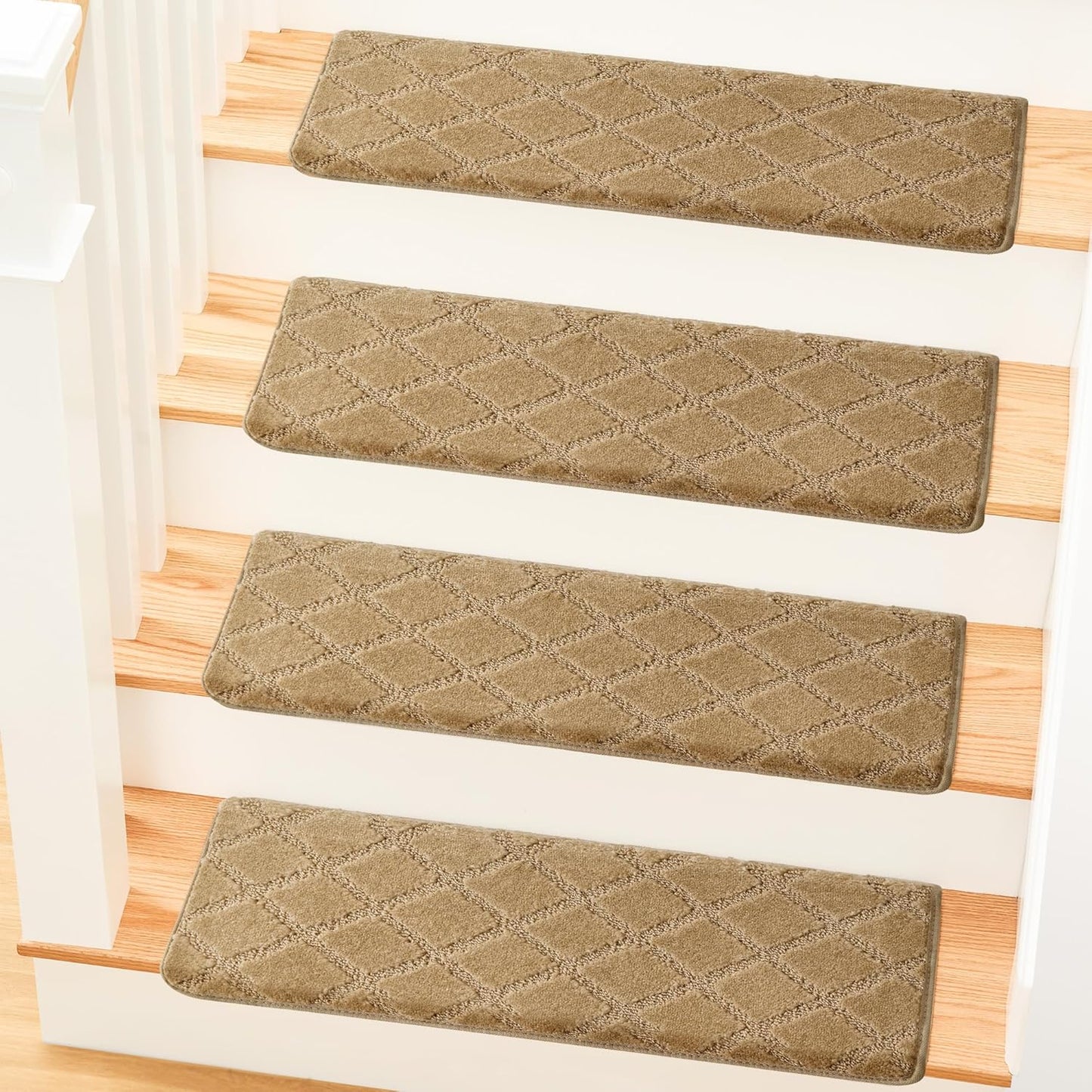 MBIGM Bullnose Non-Slip Stair Treads w/Reusable Adhesive - 14 Pack 9.5" x 30" Wooden Steps Protection - TPU Backing with Steel Reinforcement - Diamond Dark Grey Bullnose Carpet Stair Treads