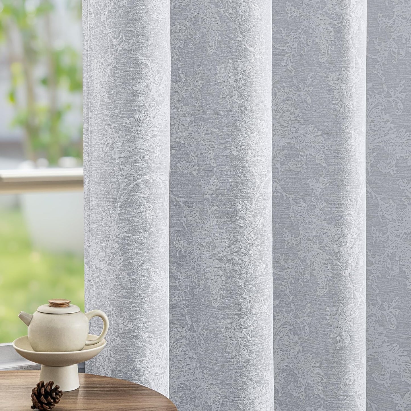 FMFUNCTEX Beige Floral Jacquard Blackout Curtains 96 Inches Long for Bedroom, Scroll Flower Chenille Farmhouse Curtains for Living Room Darkening Thermal Insulated Grommet Window Drapes 2 Panels