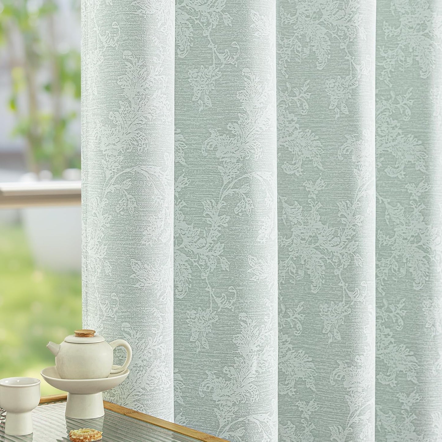 FMFUNCTEX Beige Floral Jacquard Blackout Curtains 96 Inches Long for Bedroom, Scroll Flower Chenille Farmhouse Curtains for Living Room Darkening Thermal Insulated Grommet Window Drapes 2 Panels