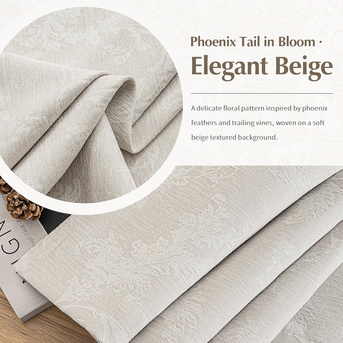 FMFUNCTEX Beige Floral Jacquard Blackout Curtains 96 Inches Long for Bedroom, Scroll Flower Chenille Farmhouse Curtains for Living Room Darkening Thermal Insulated Grommet Window Drapes 2 Panels