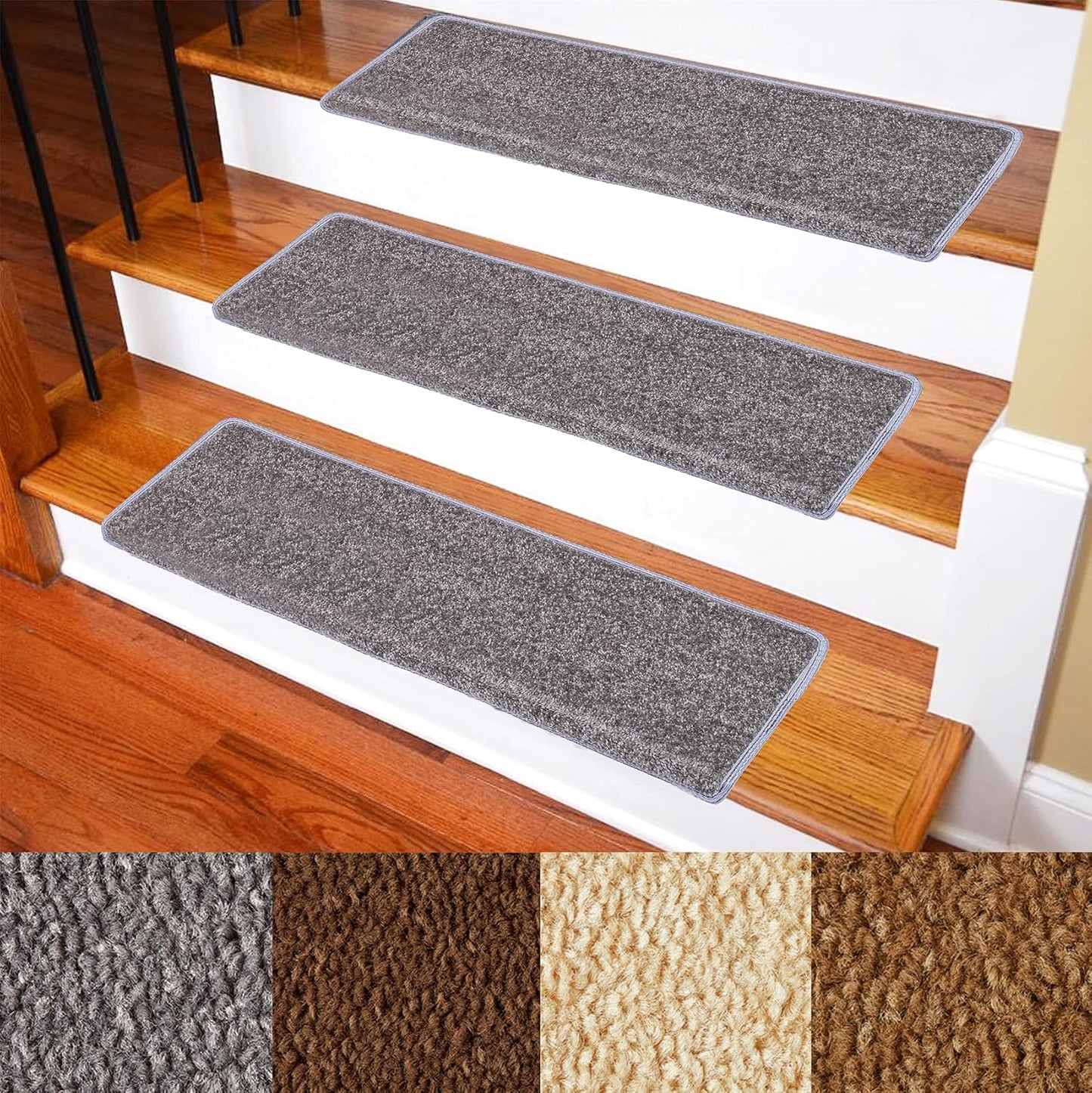 Carpet Stair Treads – Non-Slip Bullnose Carpet for Stairs – Indoor Stair Pads – Self-Adhesive – Skid Resistant & Washable – 14- Pack Black 9.5" x 30"x 1.3"