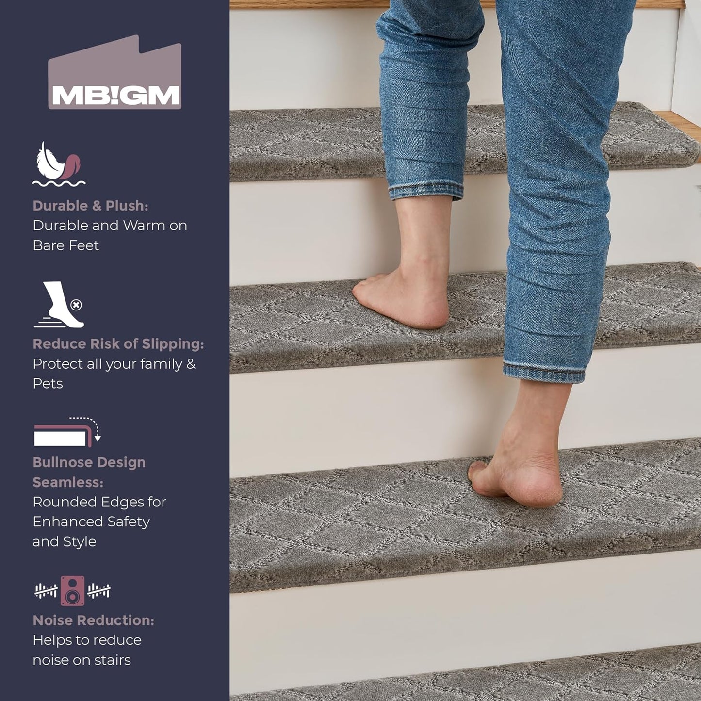 MBIGM Bullnose Non-Slip Stair Treads w/Reusable Adhesive - 14 Pack 9.5" x 30" Wooden Steps Protection - TPU Backing with Steel Reinforcement - Diamond Dark Grey Bullnose Carpet Stair Treads