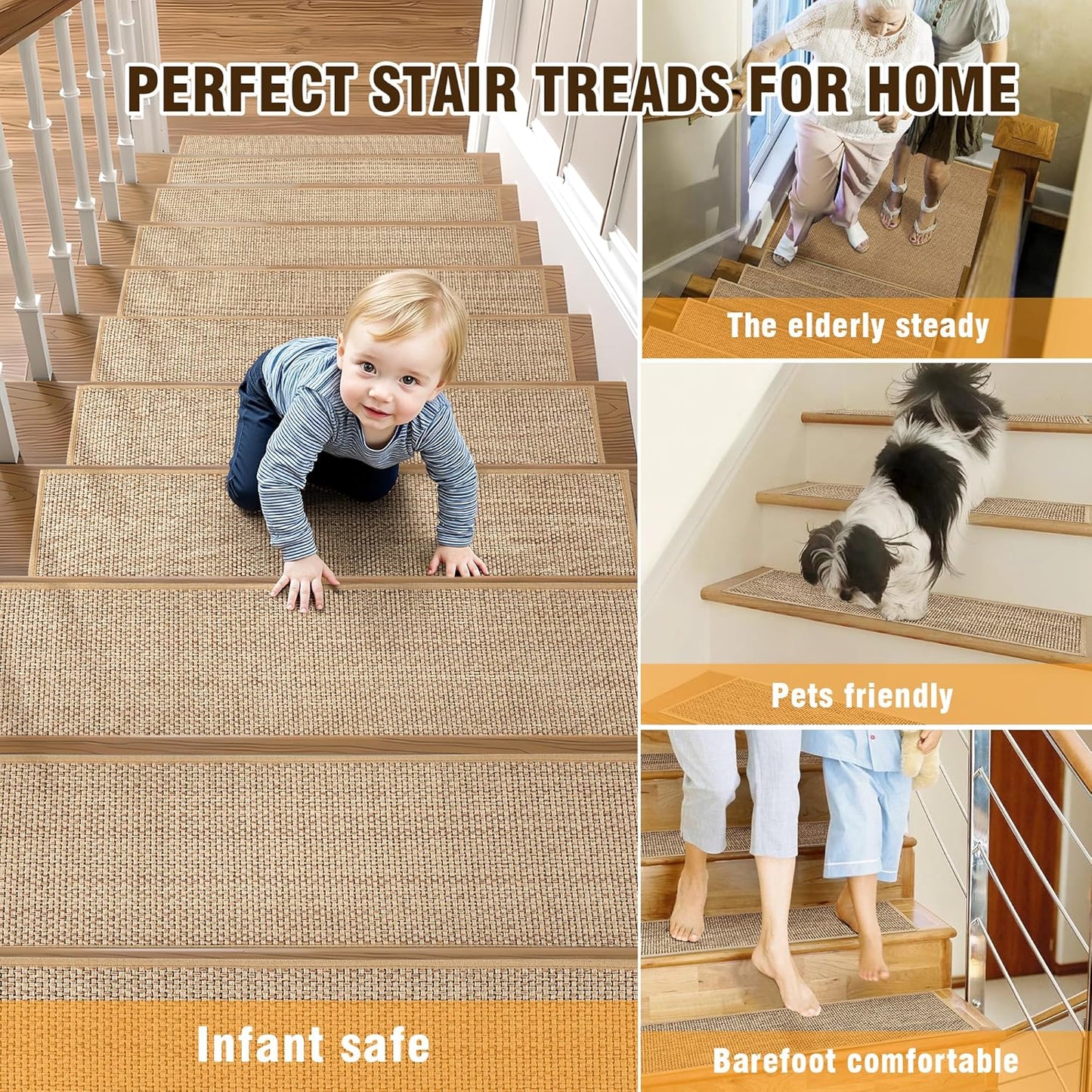 15pcs Stairs Treads and 1 Landing Carpet, Breathable Chenille Stair Carpet Non Slip for Wooden Steps Rubber Backing Stairs Runner Indoor Treads Stair Covers Mat 8"X30" and 30"X30"