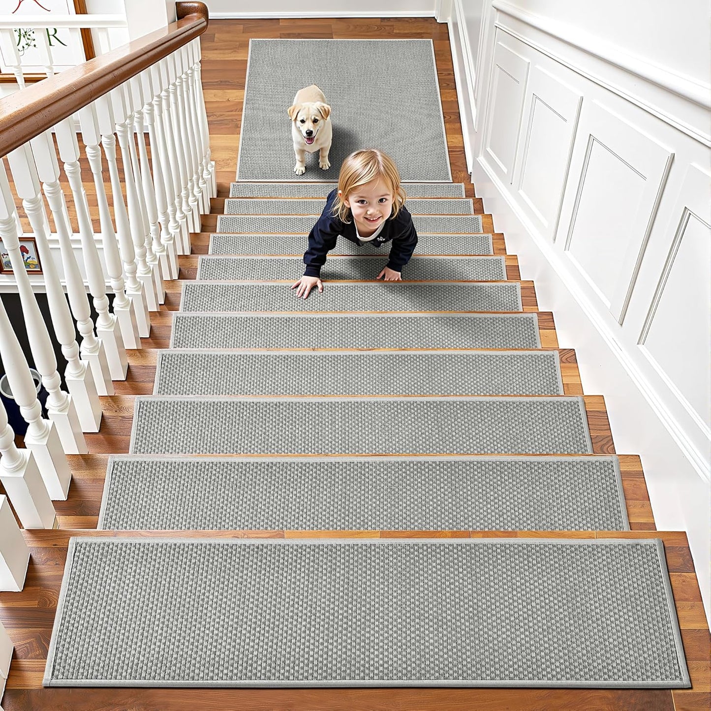 15pcs Stairs Treads and 1 Landing Carpet, Breathable Chenille Stair Carpet Non Slip for Wooden Steps Rubber Backing Stairs Runner Indoor Treads Stair Covers Mat 8"X30" and 30"X30"