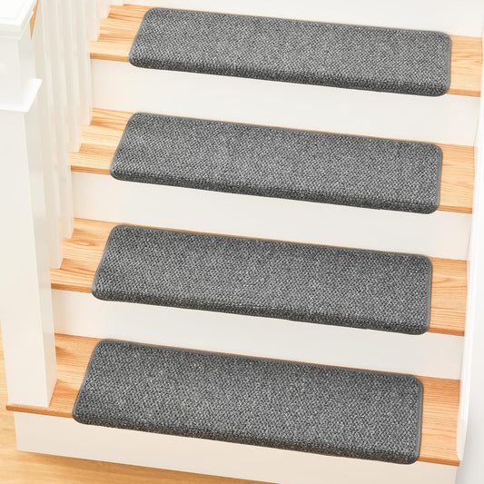 MBIGM Bullnose Non-Slip Stair Treads w/Reusable Adhesive 14 Pack 9.5" x 30" Wooden Steps Protection - TPU Backing with Steel Reinforcement - Anti-Slip Solution Knitted Dark Gray Non Slip Stair Tread
