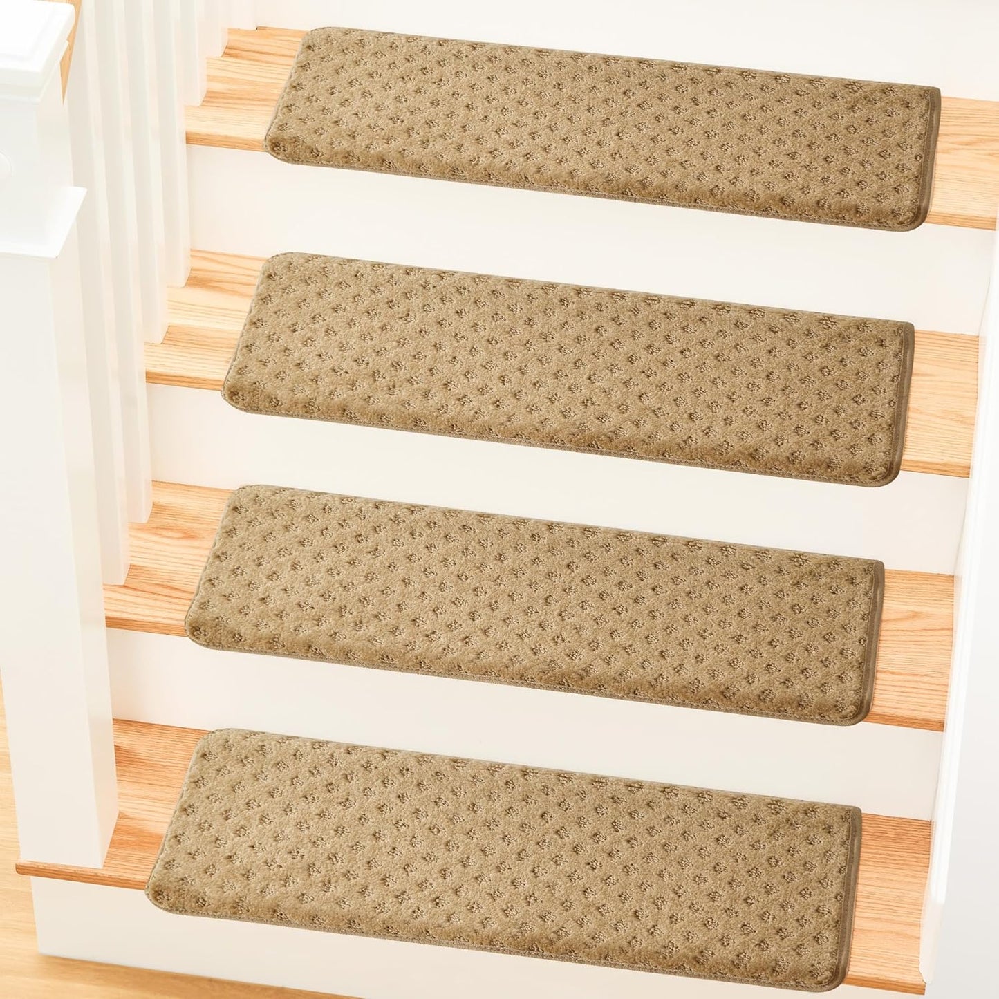 MBIGM Bullnose Non-Slip Stair Treads w/Reusable Adhesive - 14 Pack 9.5" x 30" Wooden Steps Protection - TPU Backing with Steel Reinforcement - Diamond Dark Grey Bullnose Carpet Stair Treads