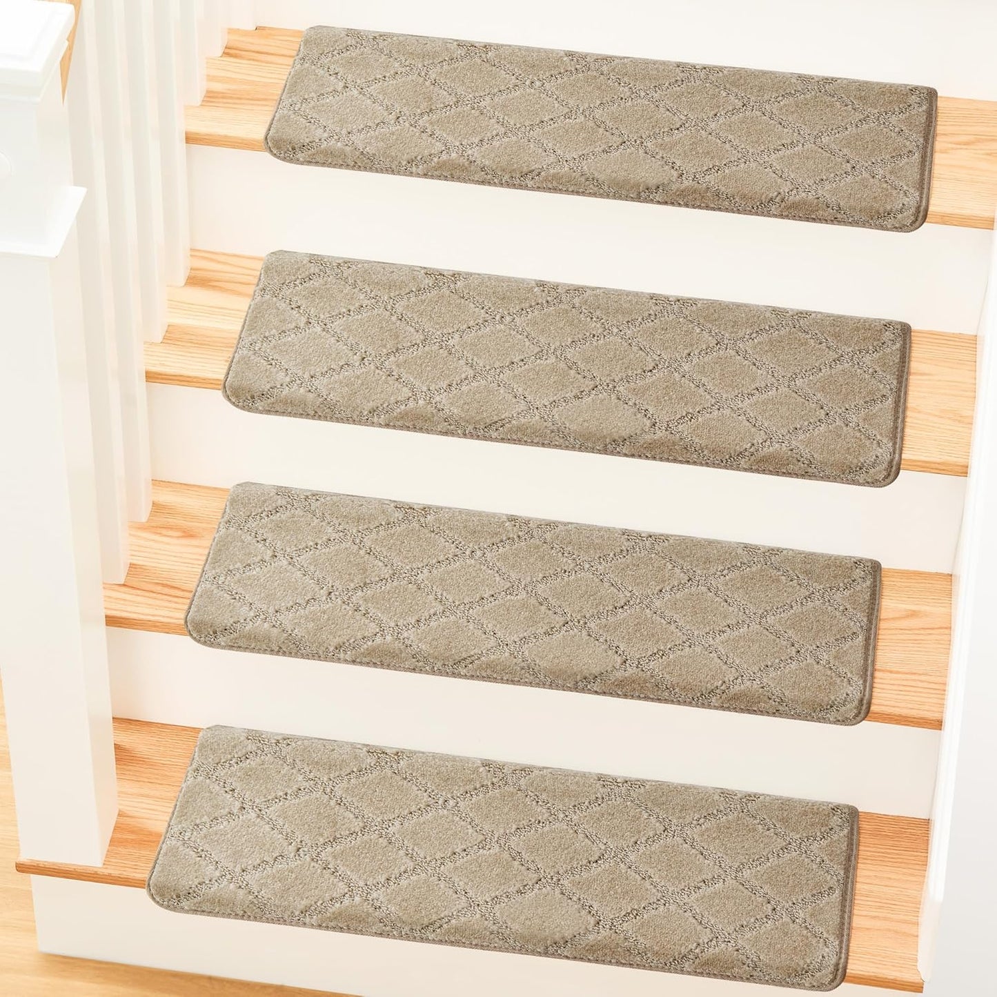 MBIGM Bullnose Non-Slip Stair Treads w/Reusable Adhesive - 14 Pack 9.5" x 30" Wooden Steps Protection - TPU Backing with Steel Reinforcement - Diamond Dark Grey Bullnose Carpet Stair Treads
