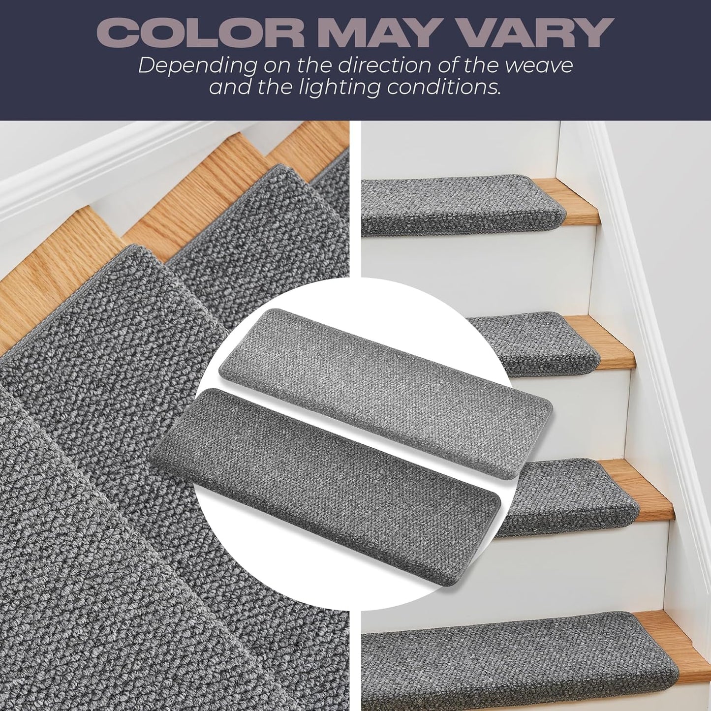 MBIGM Bullnose Non-Slip Stair Treads w/Reusable Adhesive 14 Pack 9.5" x 30" Wooden Steps Protection - TPU Backing with Steel Reinforcement - Anti-Slip Solution Knitted Dark Gray Non Slip Stair Tread